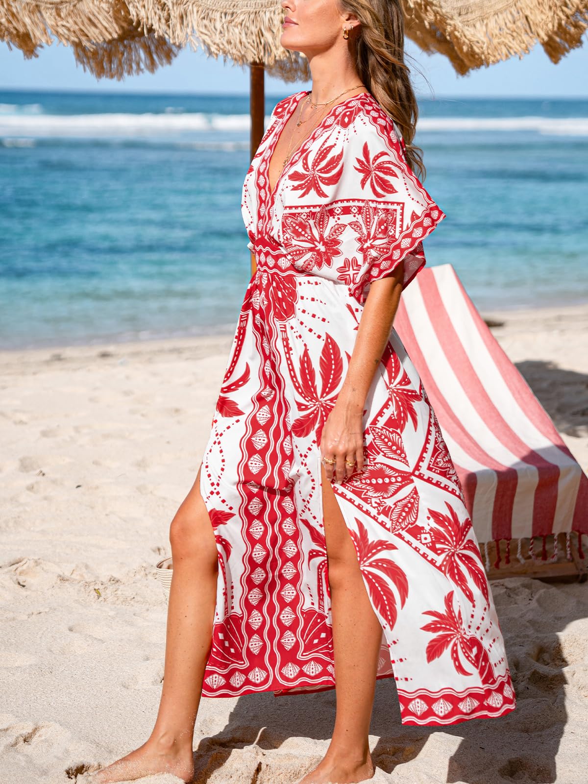 CUPSHE Maxi abito estivo da donna, stile boho, con scollo a V, mezza manica a dolman, vita imperiale, spacco laterale, prendisole per vacanze e spiaggia
