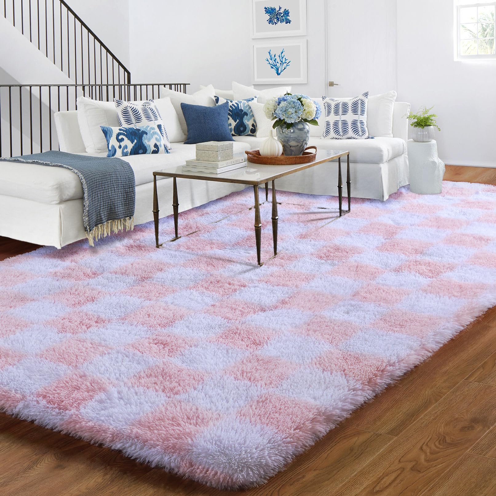 BYBSRLL Kariert und Geometrisch Teppiche, Flauschig Wohnzimmer Teppich Waschbar Schlafzimmer Deko Kinderteppich, Weich Hochflor Bettvorleger Läufer Kuschelteppich