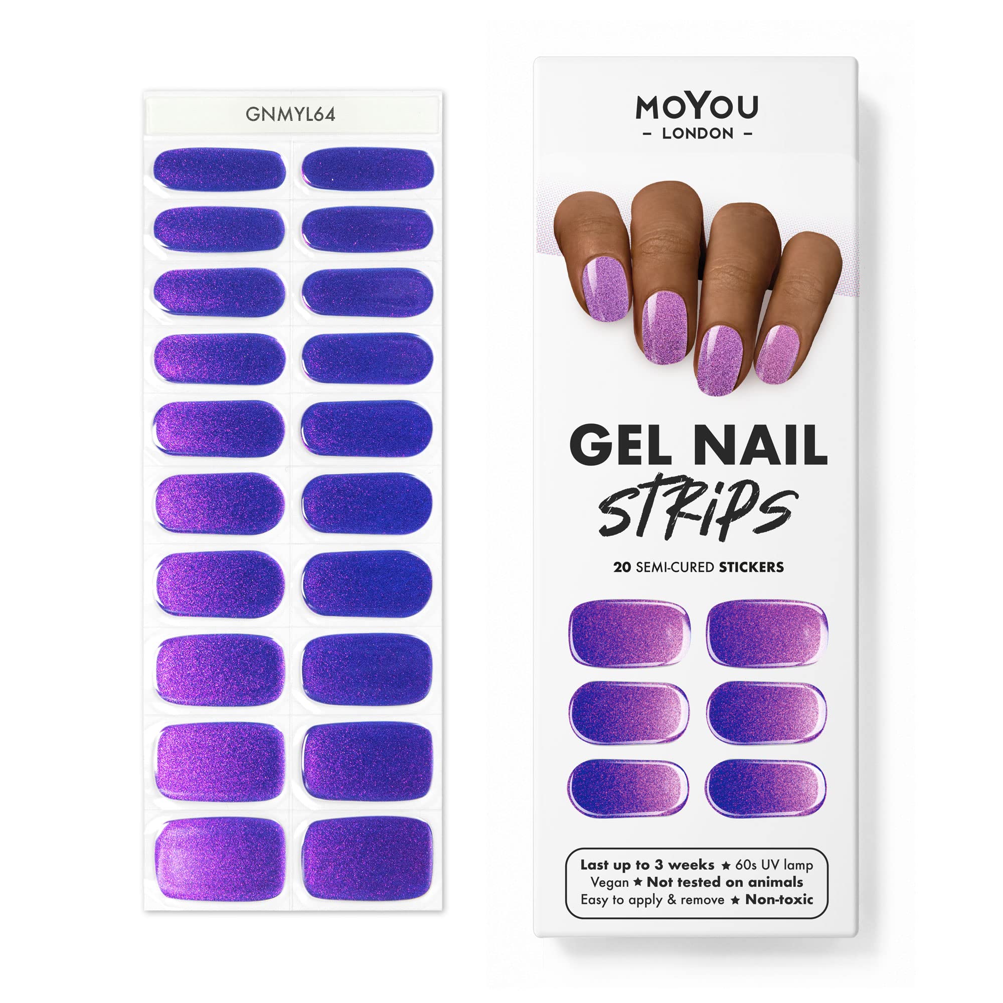 MoYou London Semi-Cured Gel Nail Strips, Nail File, & Wooden Cuticle Stick – 20 Pc. Gel Wraps for Nails – Salon-Quality Manicure Set & Pedicure Supplies, Wisteria Shine