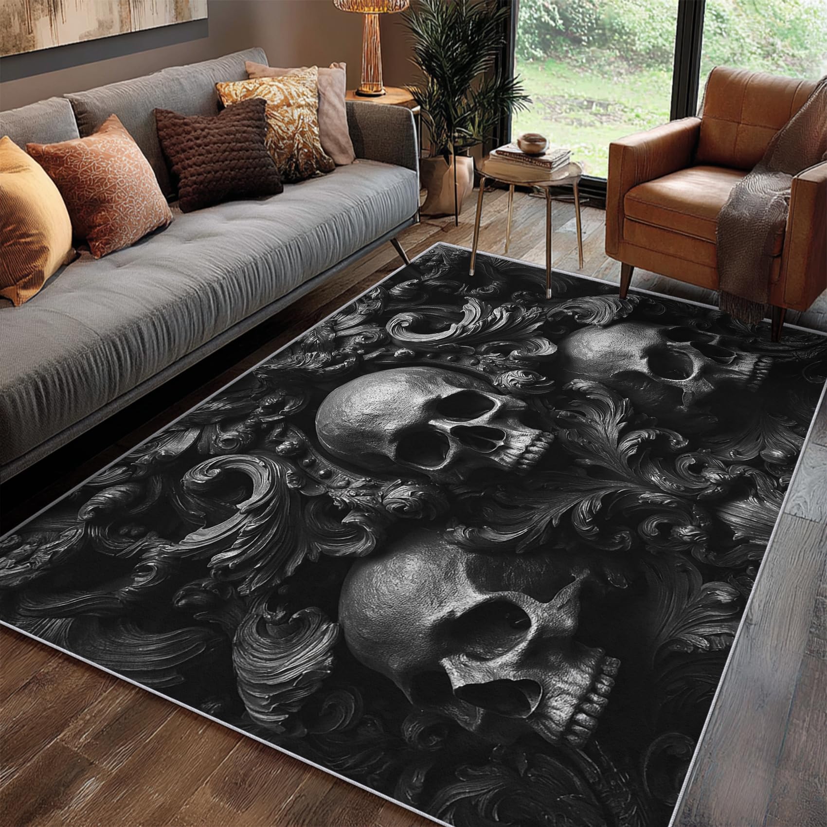Tapis Tête De Mort Salon 120x170 cm Motif 3D Gothique Jacquard, Tapis Lavable Antidérapant Doux Poil Court, Decoration Chambre Descente De Lit Carpet