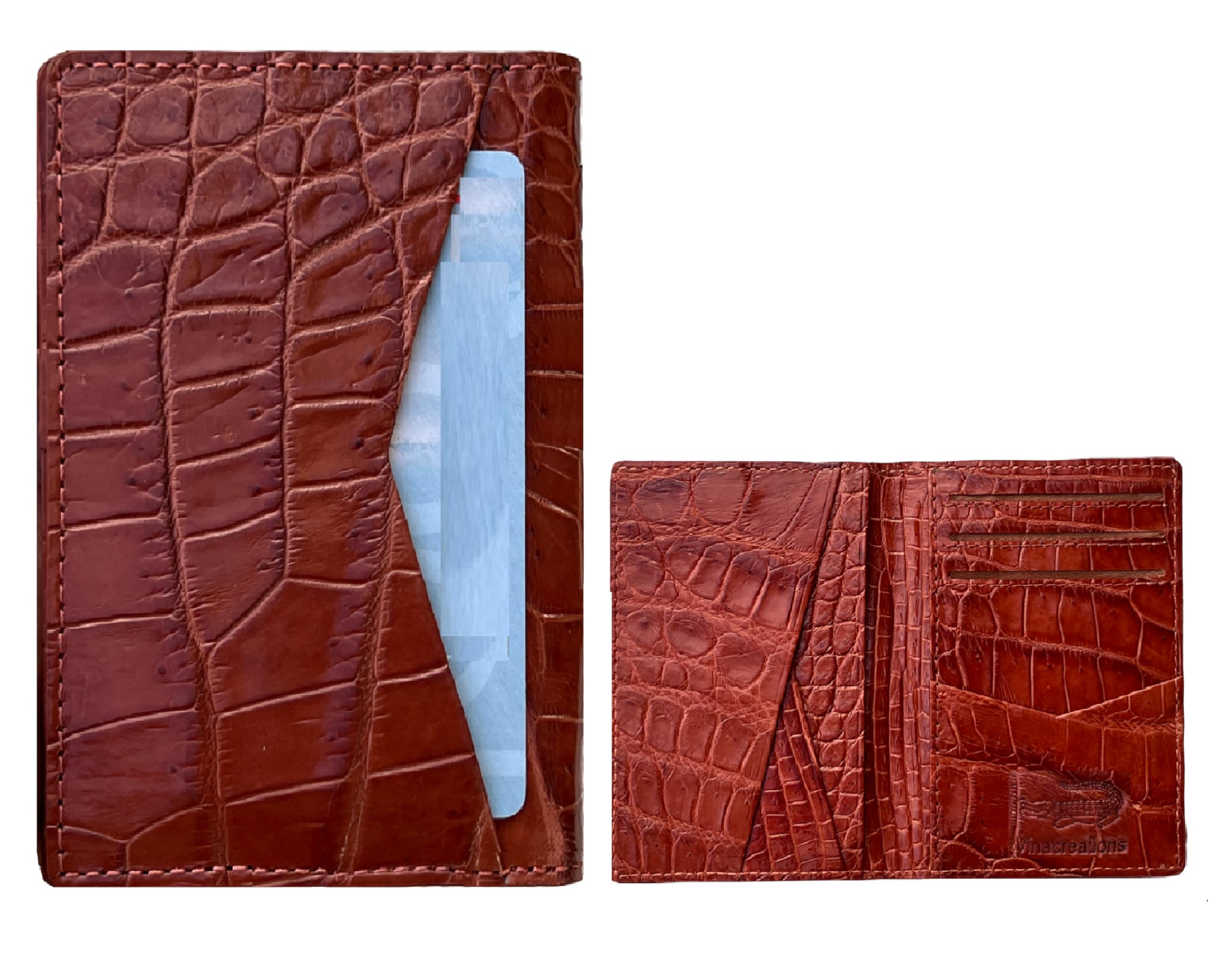 HATA Light Brown AIIigator Bifold Leather Credit Card Holder with RFID Blocking Minimalist Croc Belly Double Side Front Pocket Wallet Travel ID Case