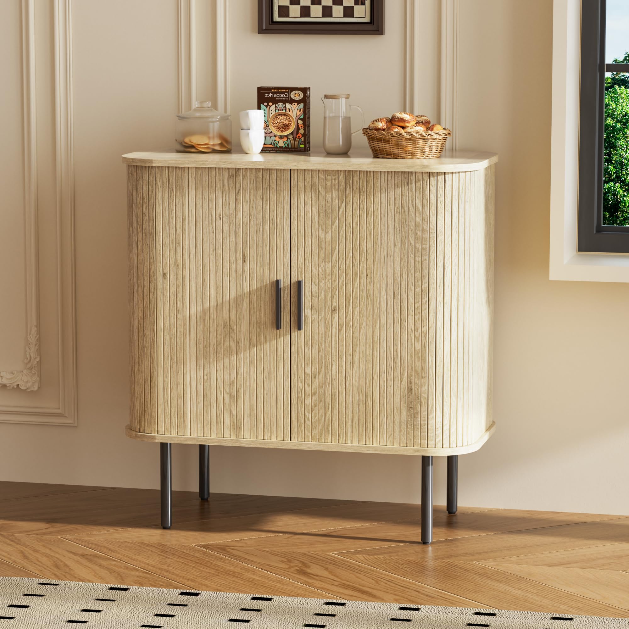 BonVache Aufbewahrungsschrank Buffet für das Wohnzimmer, Küchenschrank mit Tambour-Schiebetür, Aufbewahrungseinheit für modernes Esszimmer zu Hause, Natur