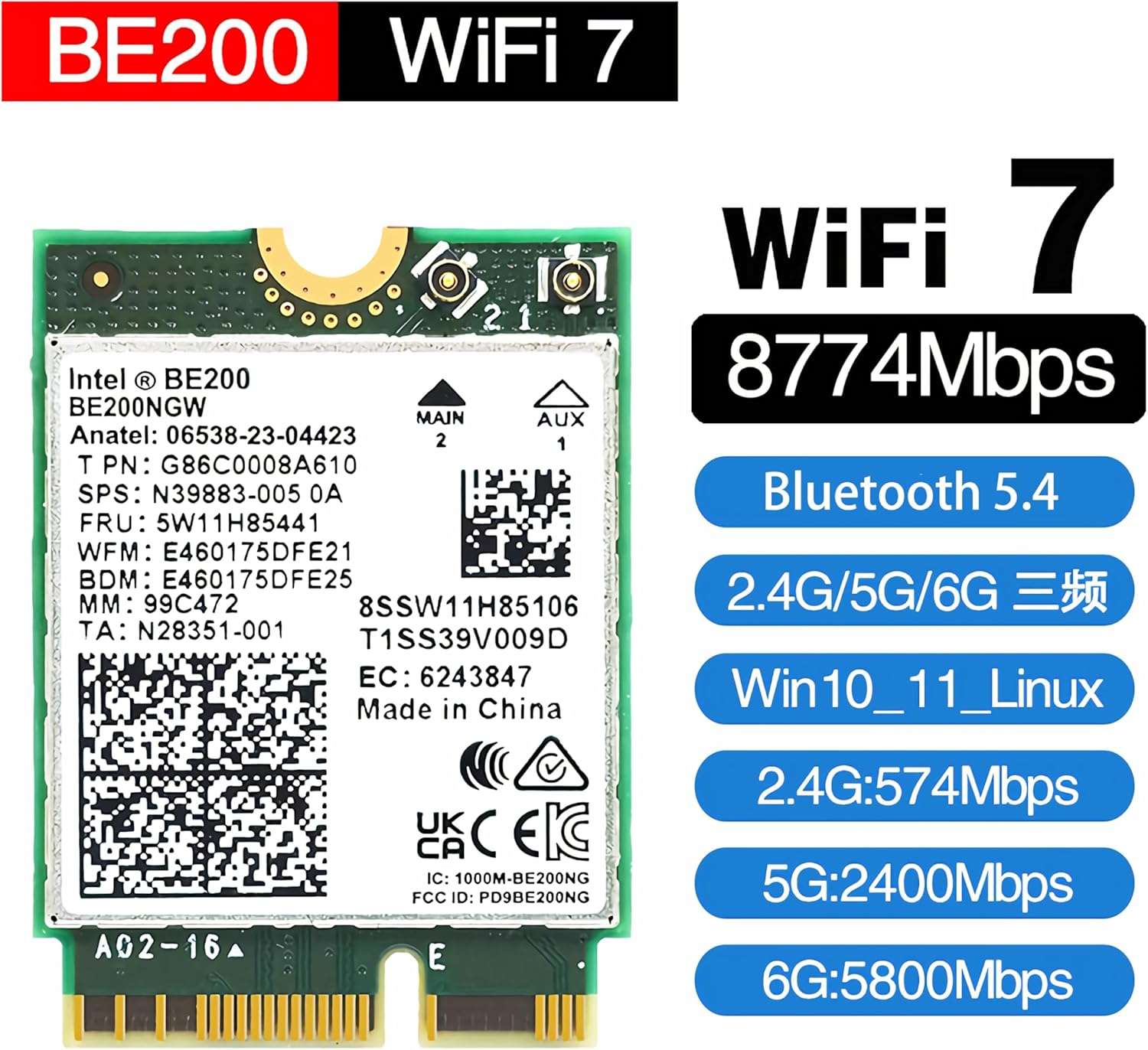WiFi 7 BE200 NGW Wireless Card, Tri-Band 6GHz/5GHz/2.4GHz M.2 NGFF Bluetooth 5.4, Includes Ipex Cable, 8dBi Antennas and Brackets Support Windows 10/11(64 bit)/Linux, Not Support AMD. (with Antennas)