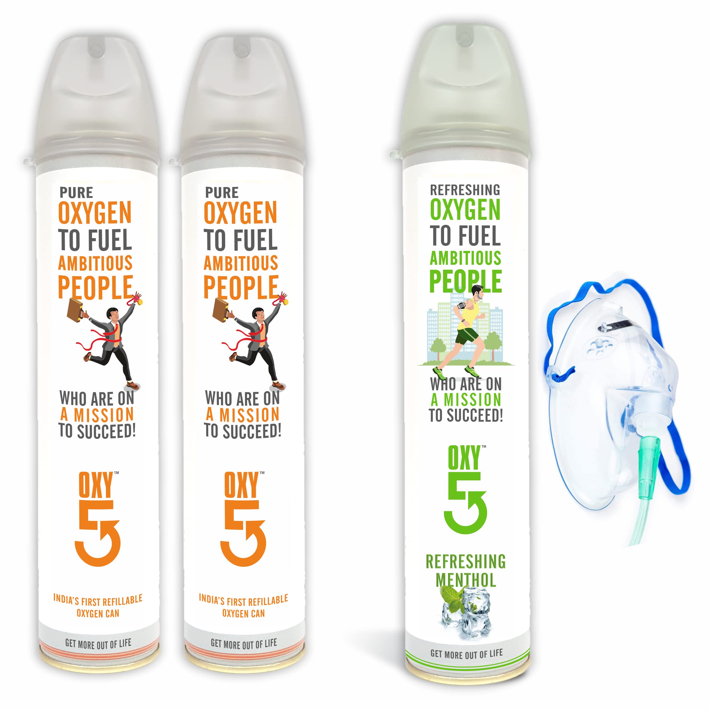 OXY5 Portable Oxygen 2+1 Can with built-in mask for Ambitious People, 18 Ltr (Approx 450 Breathes) INDIA'S FIRST REFILLABLE CAN *BUY 2 Get 1 FREE*