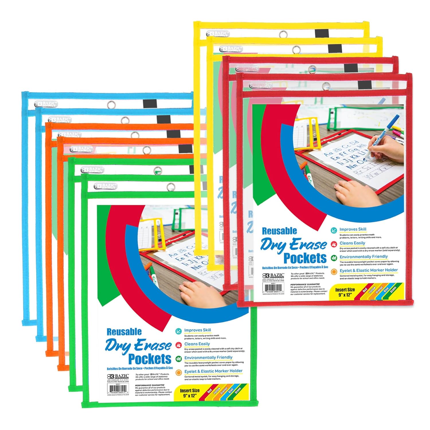 BAZIC Products Reusable Dry Erase Pockets with Marker Holder, 13.5"x10.5", Clear Plastic Sleeves Sheet Protector w/Ring, Total 50 Count