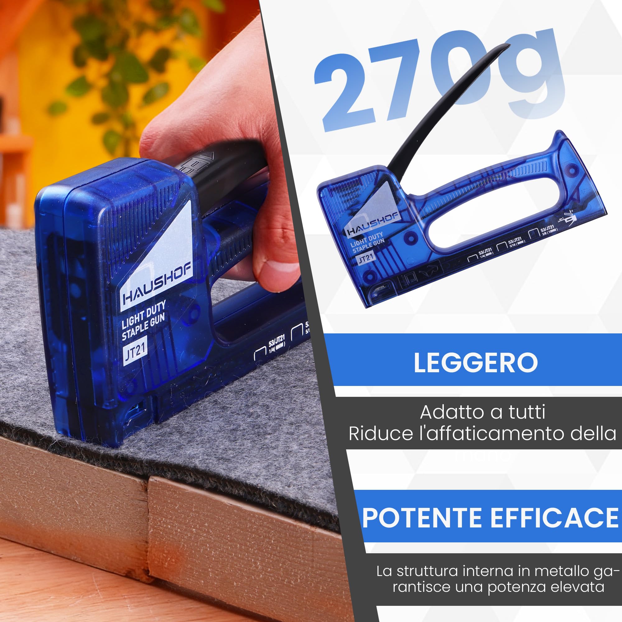 HAUSHOF Pistola Sparachiodi Trasparente con 800 Graffette JT21, Graffettatrice Impugnatura con Bloccaggio Automatico, Spillatrice Leggera per Fissare Tessuti, Cartone e Legno Sottile, Blu