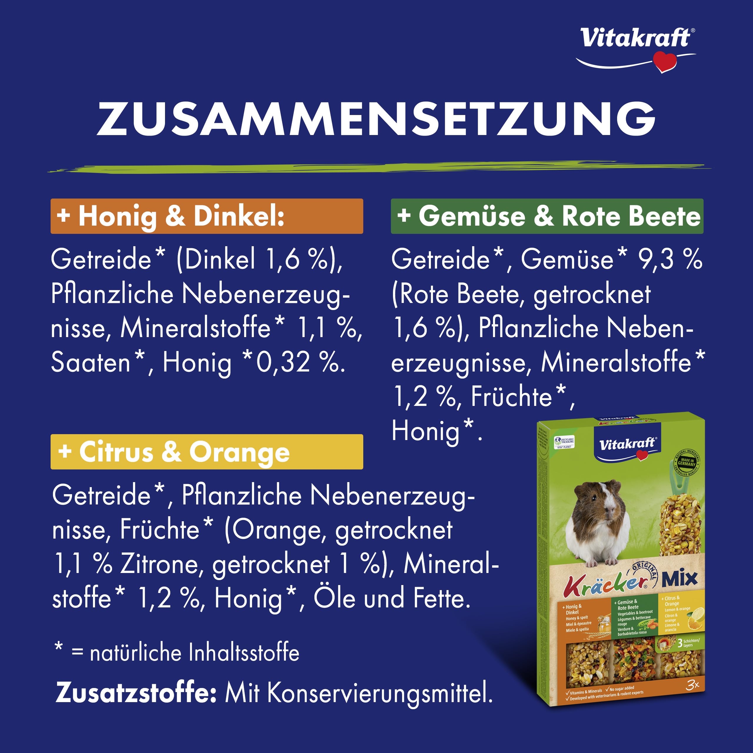 Vitakraft Kräcker Mix, Knabberstangen, für Meerschweinchen, mit Citrus, mit Gemüse, mit Honig, ohne Zusatz von Zucker und Getreide (10x 168g)