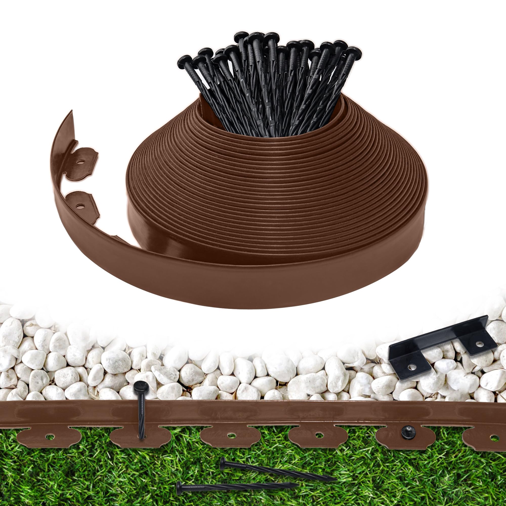 Landscape Edging Border 60 FT 2 Inch Tall with 120 Spikes, Plastic Edging for Landscaping, Garden Edging Border, Flower Bed, Paver and Lawn Edging Border, Brown