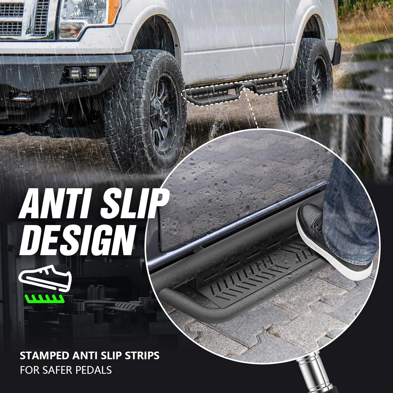 Crew Cab Running Boards Side Steps Compatible with 2009-2014 Ford F150 F-150 SuperCrew Cab Super Duty, Two Stairs Design Side Rail Nerf Bar Rock Sliders (4 Full Size Doors, Star Logo)