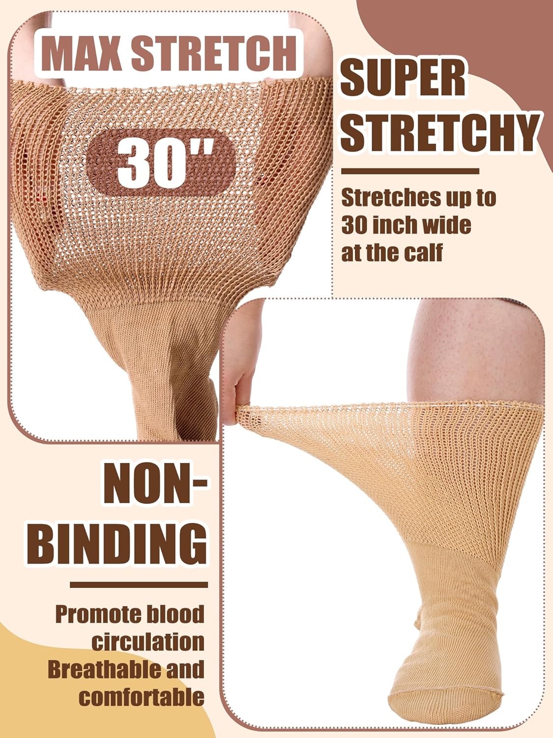 4 Pairs Extra Wide Socks Swollen 30" Lymphedema Bariatric Socks Non Binding Loose Fit(Women 9-11,Classic Color) - Image 3