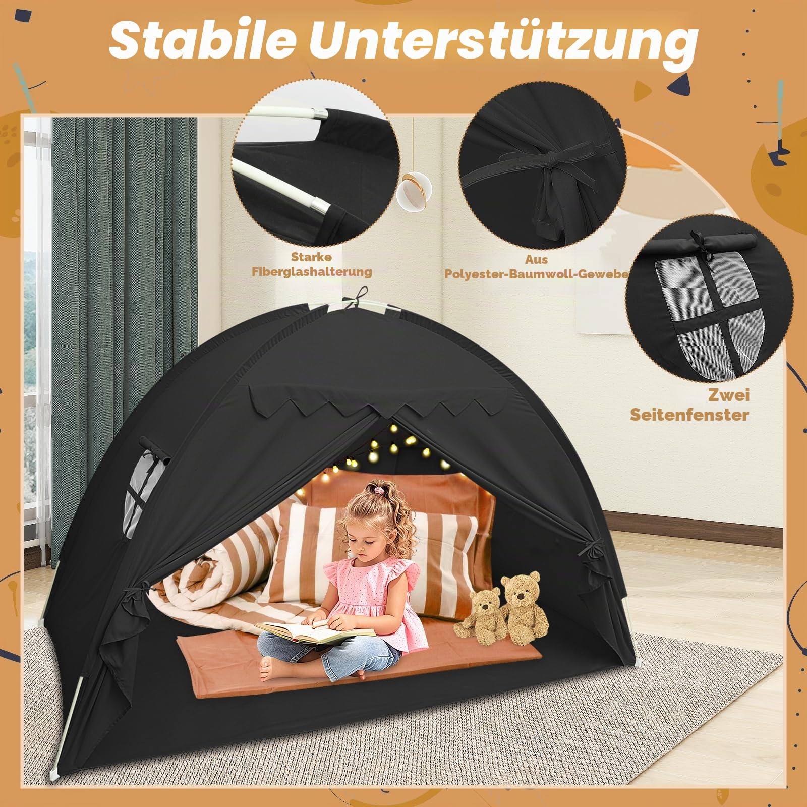 Kinder Bettzelt 196x98x125cm Kinderzelt mit Fenstern Bett Baldachin Zelt Vielseitig Robust Groß Spielzelt Kinder für Bett Schlafzimmer Kinderzimmer Drinnen Draußen (schwarz)