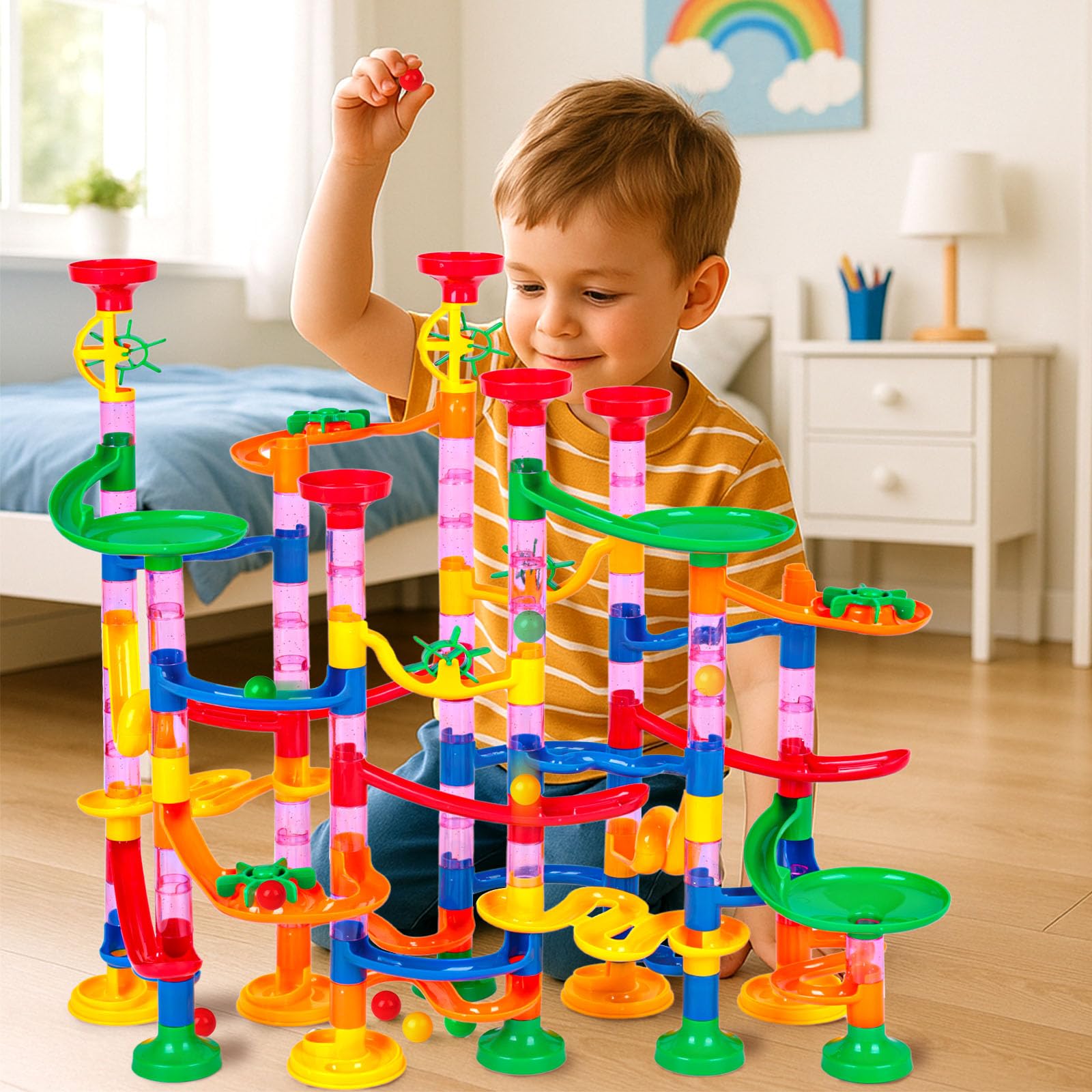Juguetes de carrera de mármol, juego de 133 piezas de juguetes educativos de construcción con canicas de plástico para niños y juegos de padres e hijos, regalos STEM para niños y niñas 2