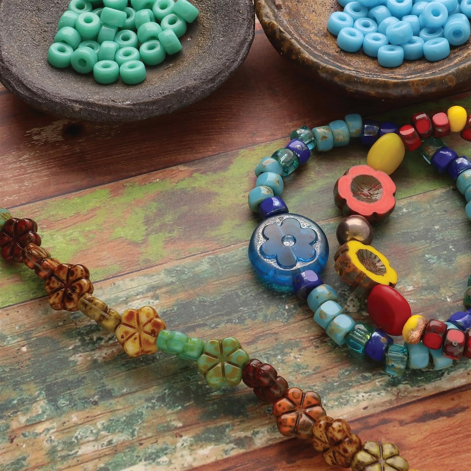 The Beadsmith Czech Glass Strands – Pressed & Table Cut Beads – 6 x 7-Inch Strands, 18 Beads Per Strand – Turquoise Autumn Nature Mix – for Jewelry Making, Decorations & DIY Crafts