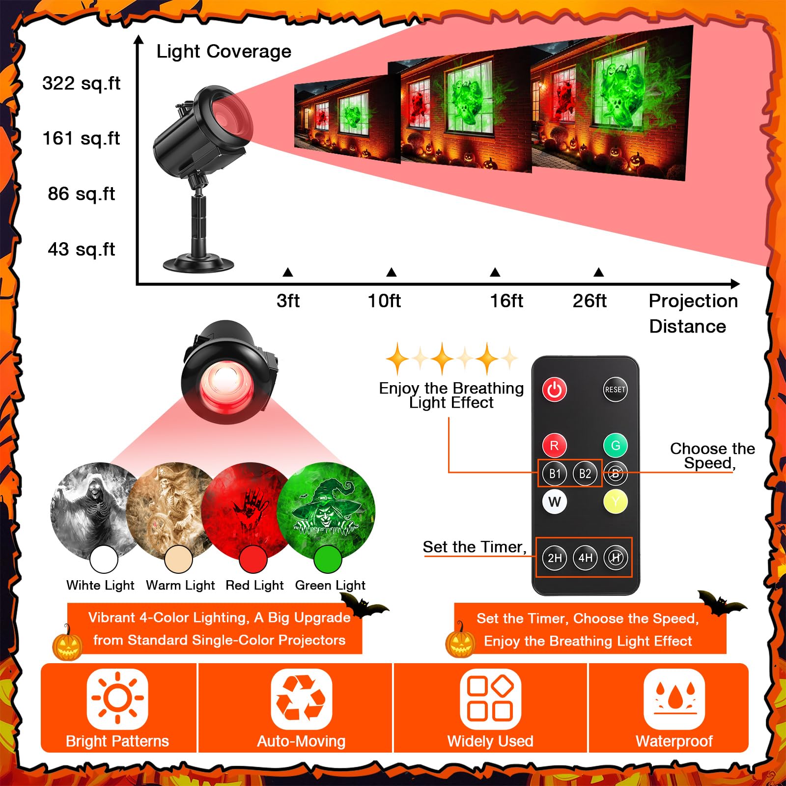 Projecteur de Noël à 12 motifs d'Halloween et de Noël, lumière de décoration dynamique 3D avec 4 couleurs, étanche, projecteur holographique pour fenêtre de maison, décoration de vacances (Halloween