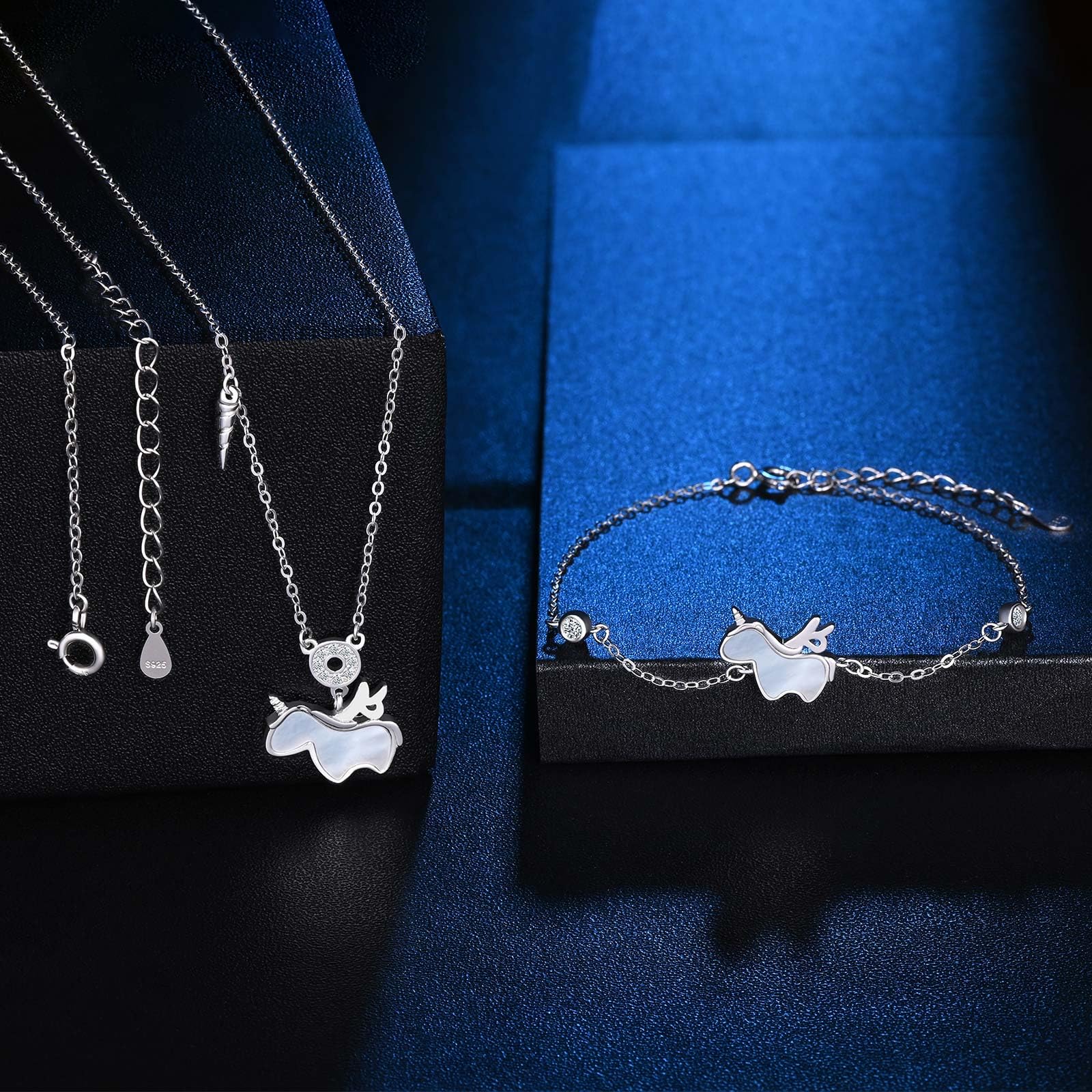 Juegos de Joyas para Mujer y Niñas, Collar y Pulsera de Plata Unicornio, Colgante Unicornio con Madreperla Cadena 39+4cm, Plata de Ley 925 Conjuntos Joyas Fiesta Cóctel