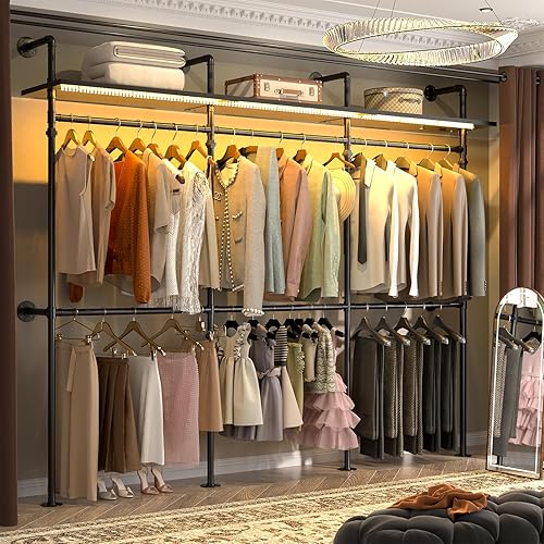 Aheaplus Perchero industrial de tubo, perchero reversible de 118.3 pulgadas para colgar ropa, perchero resistente con luces LED y estantes, sistema