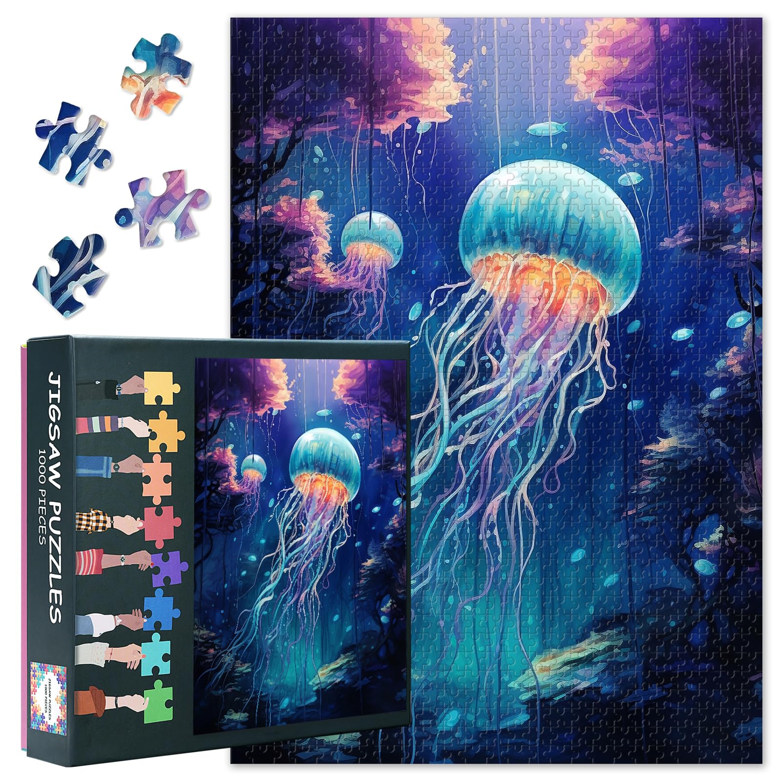 Jellyfish Jigsaw Puzzles for Adults 1000 Piece - Challenging Puzzle Luminous Seas Art, 27.5x19.7 Inch Family Educational Game & Unique Living Room Decor Gift (Marine Series)