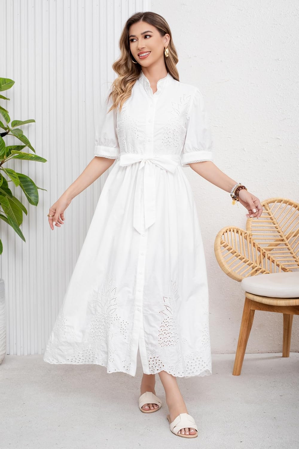 utcoco Women's Embroidered Eyelet Shirt Dresses Belted Puff Sleeve Button Down Swing Boho Cotton Maxi Shirt Dress - Image 3