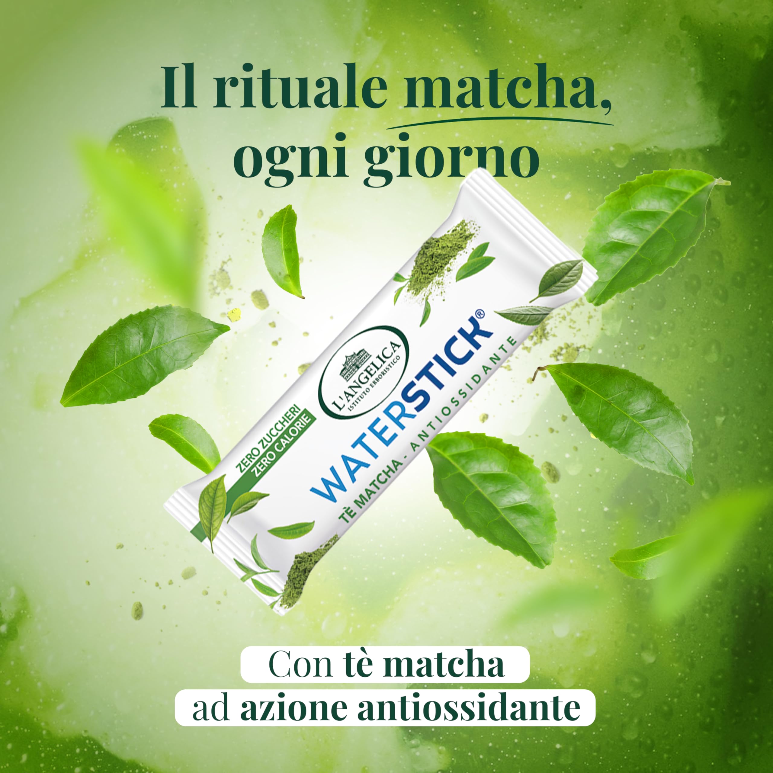 L'Angelica, Waterstick Antiossidante, Gusto Tè Matcha, Contrasta la Stanchezza Fisica e Mentale, Zero Zuccheri, Zero Calorie, Senza Glutine, Lattosio, Vegano, 6 Astucci da 12 Stick