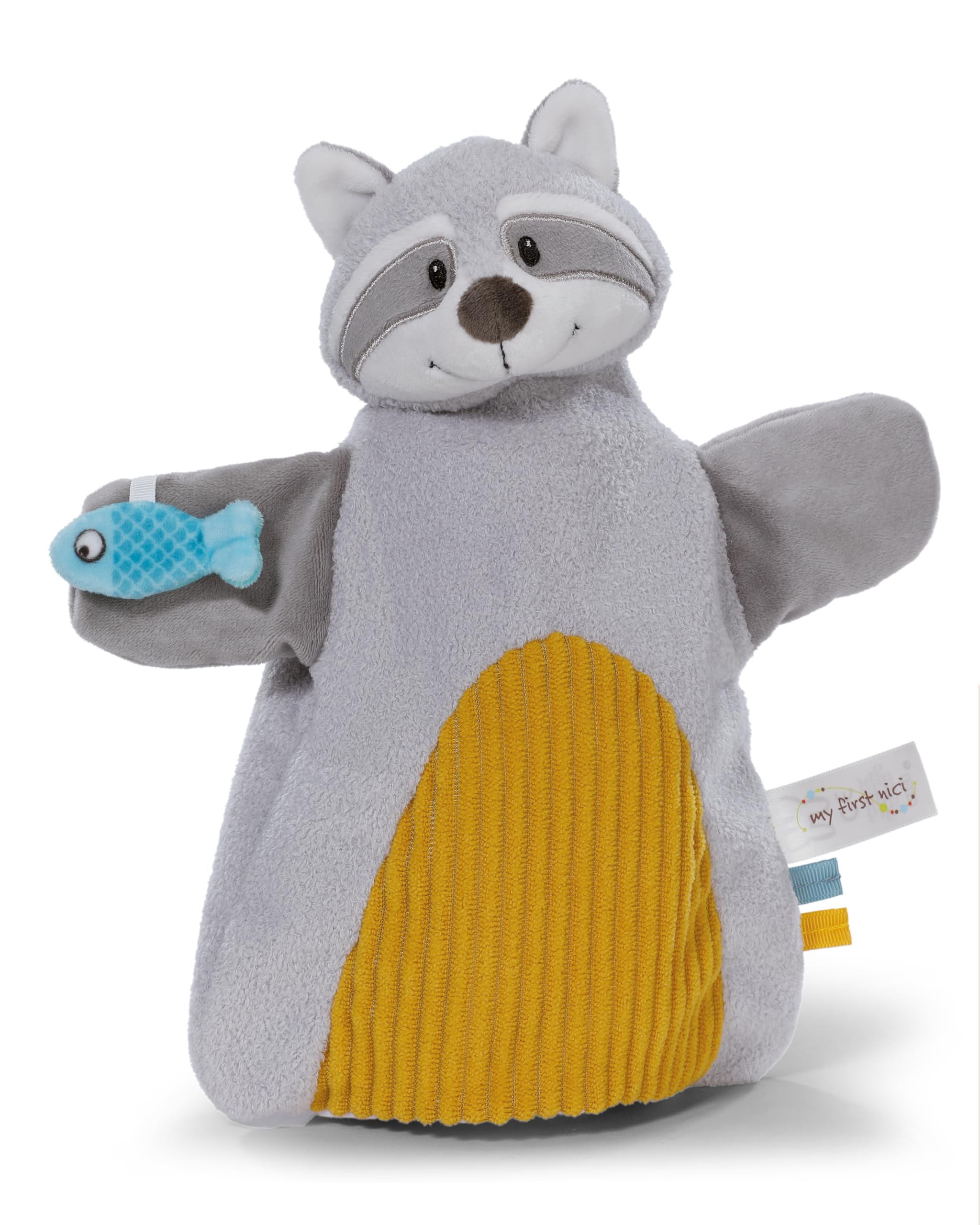 NICI 2-in-1 Comfort Blanket and Hand Puppet, Raccoon, 26 x 25 cm, Grey, Cuddly Blanket for Babies and Toddlers, Baby Cuddle Blanket for Playing, Gripping, Cuddling and Discovering – 61858