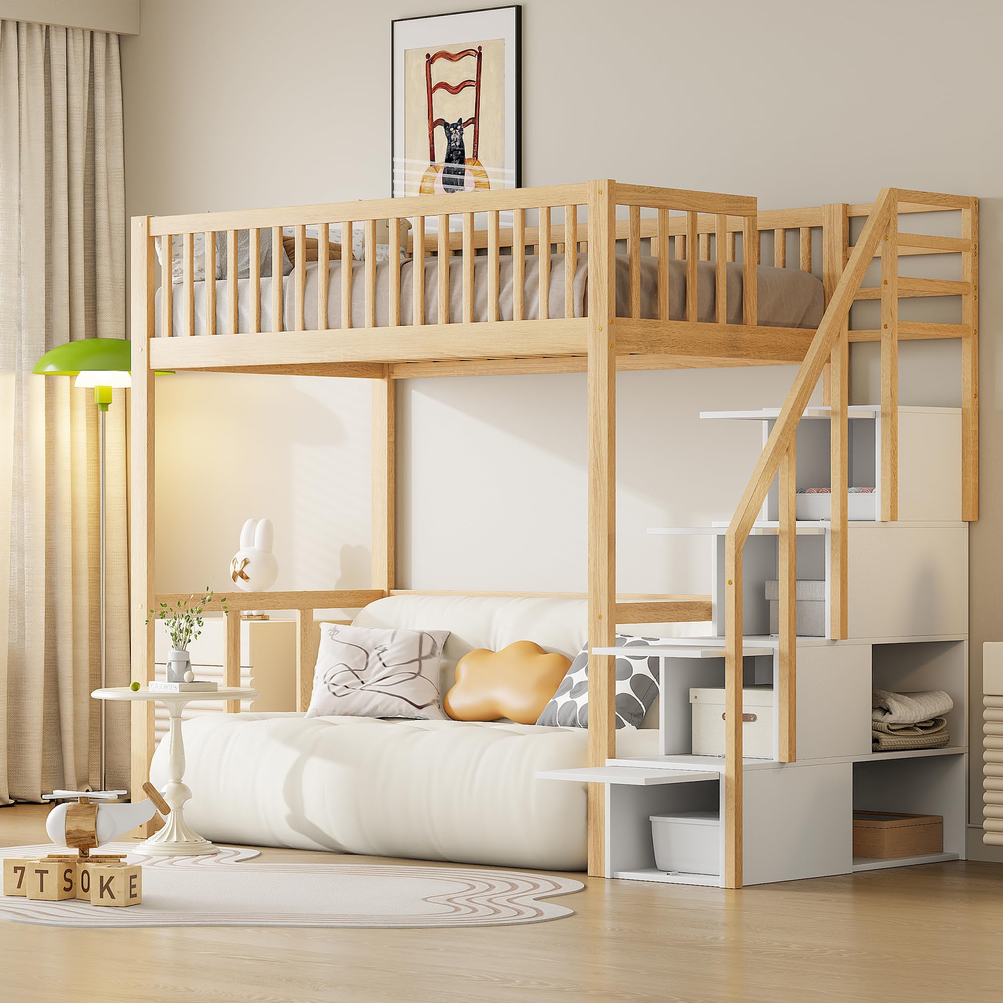 Soweiz Cama alta de 90 x 200 cm con escalera y espacio de almacenamiento, cama de madera con barandilla de seguridad, cama juvenil para niños y jóvenes, litera para dormitorio que ahorra espacio