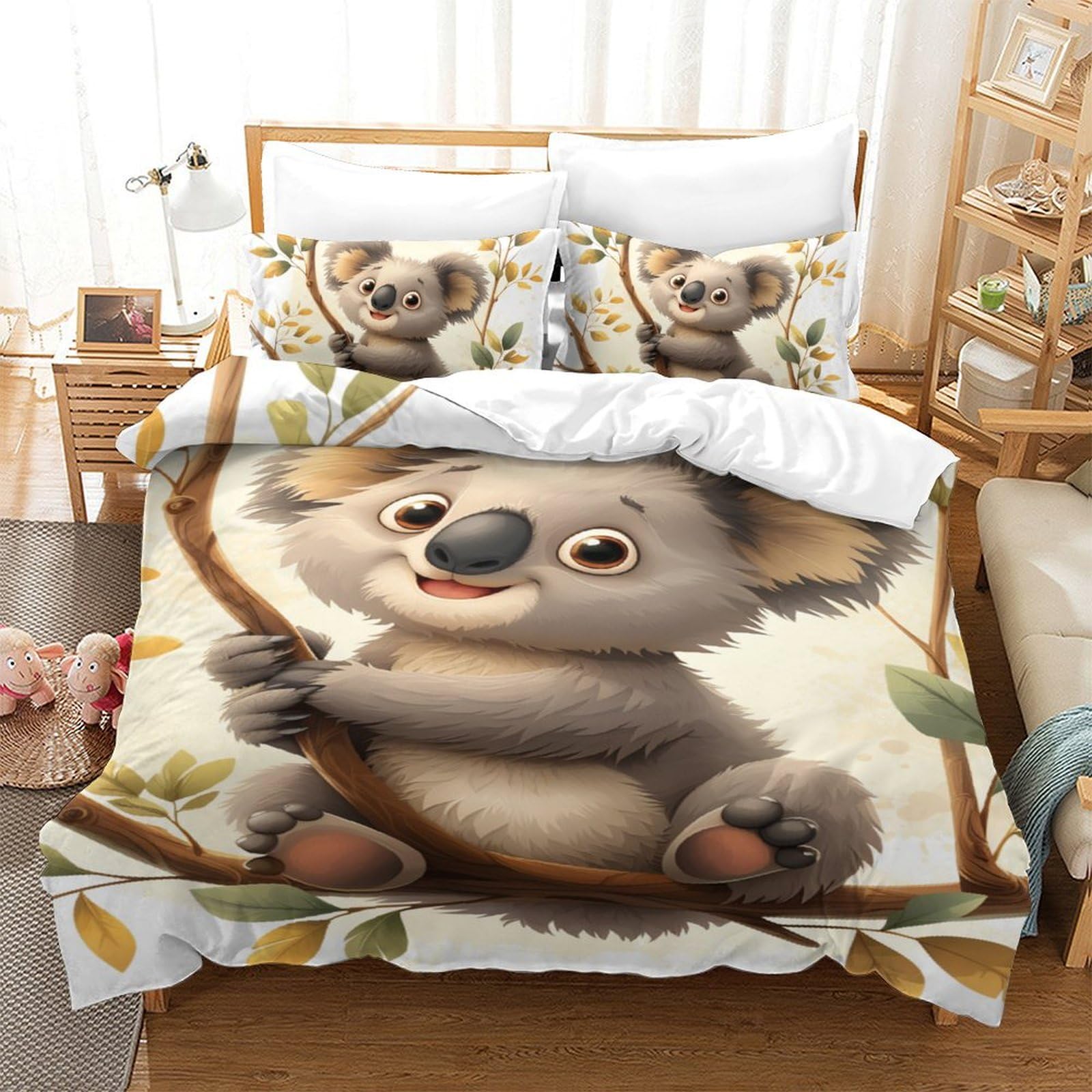 Parure de lit koala 3 pièces housse de couette 140x200 cm et taie d'oreiller zippée