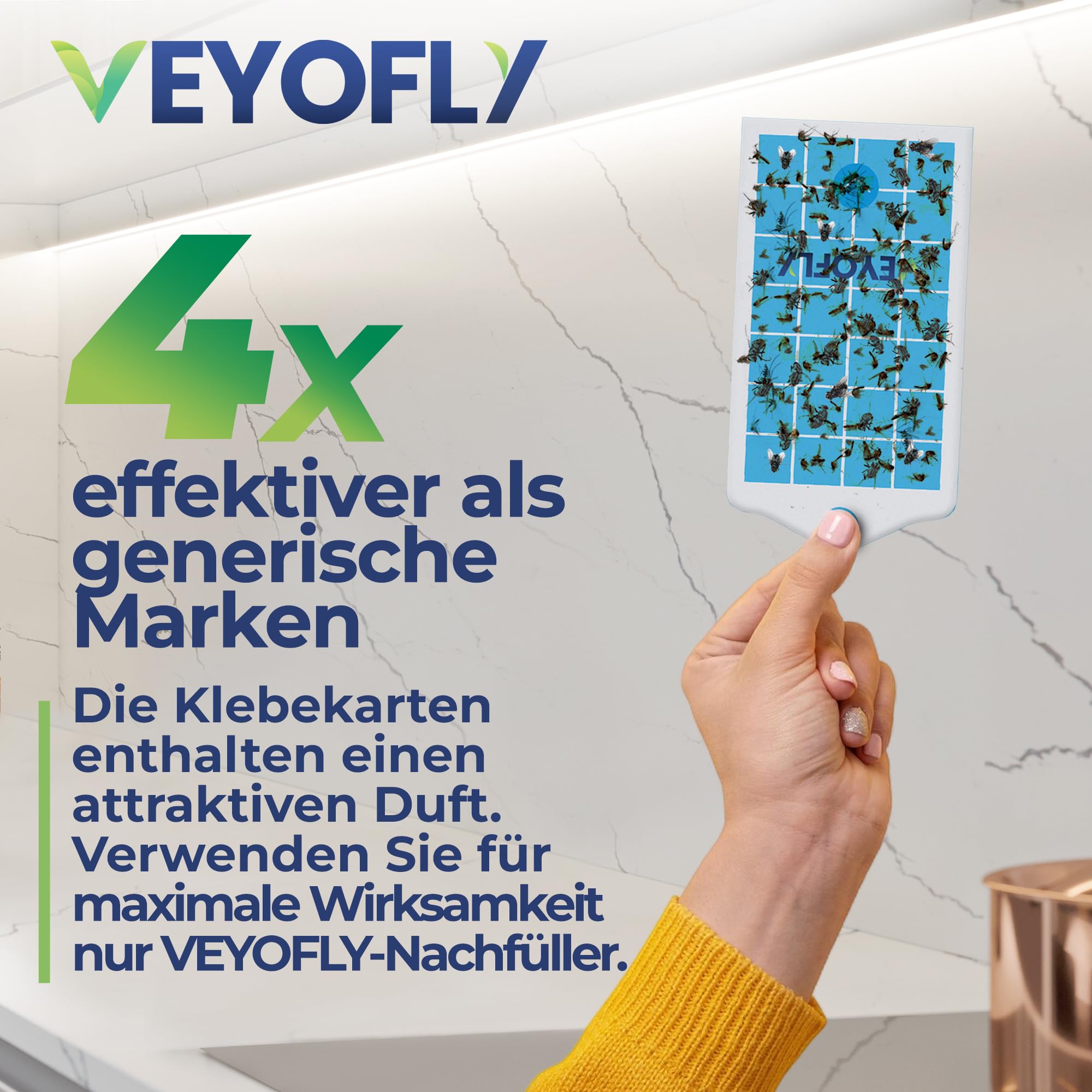 VEYOFLY Fliegenfalle UV, Fruchtfliegenfalle, 2 Geräte + 4 Nachfüllungen | UV-Licht lockt Insekten auf Wechsel-Klebekarten, leise 24/7, Stecker, Innenbereich, ohne Insektenvernichter Elektrisch