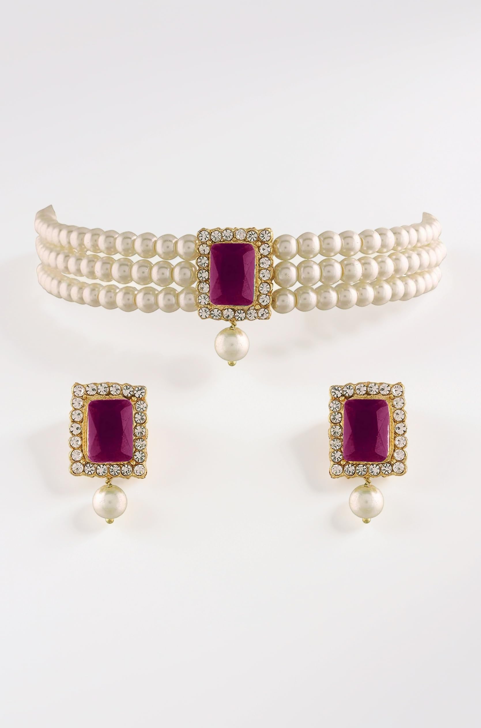 Gold Plated Traditional Stone Pearl Choker Necklace Jewellery Set For Women