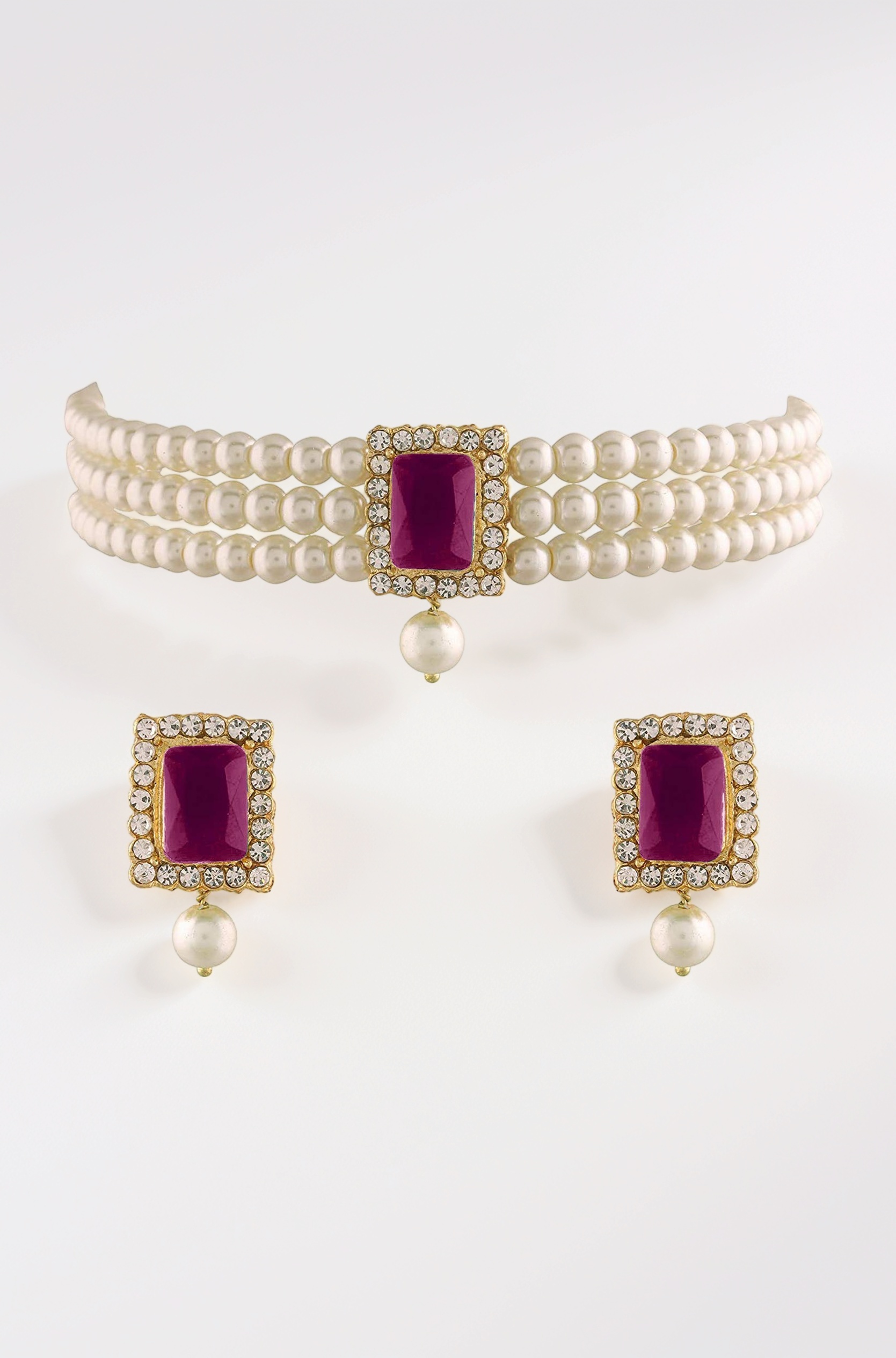 Gold Plated Traditional Stone Pearl Choker Necklace Jewellery Set For Women