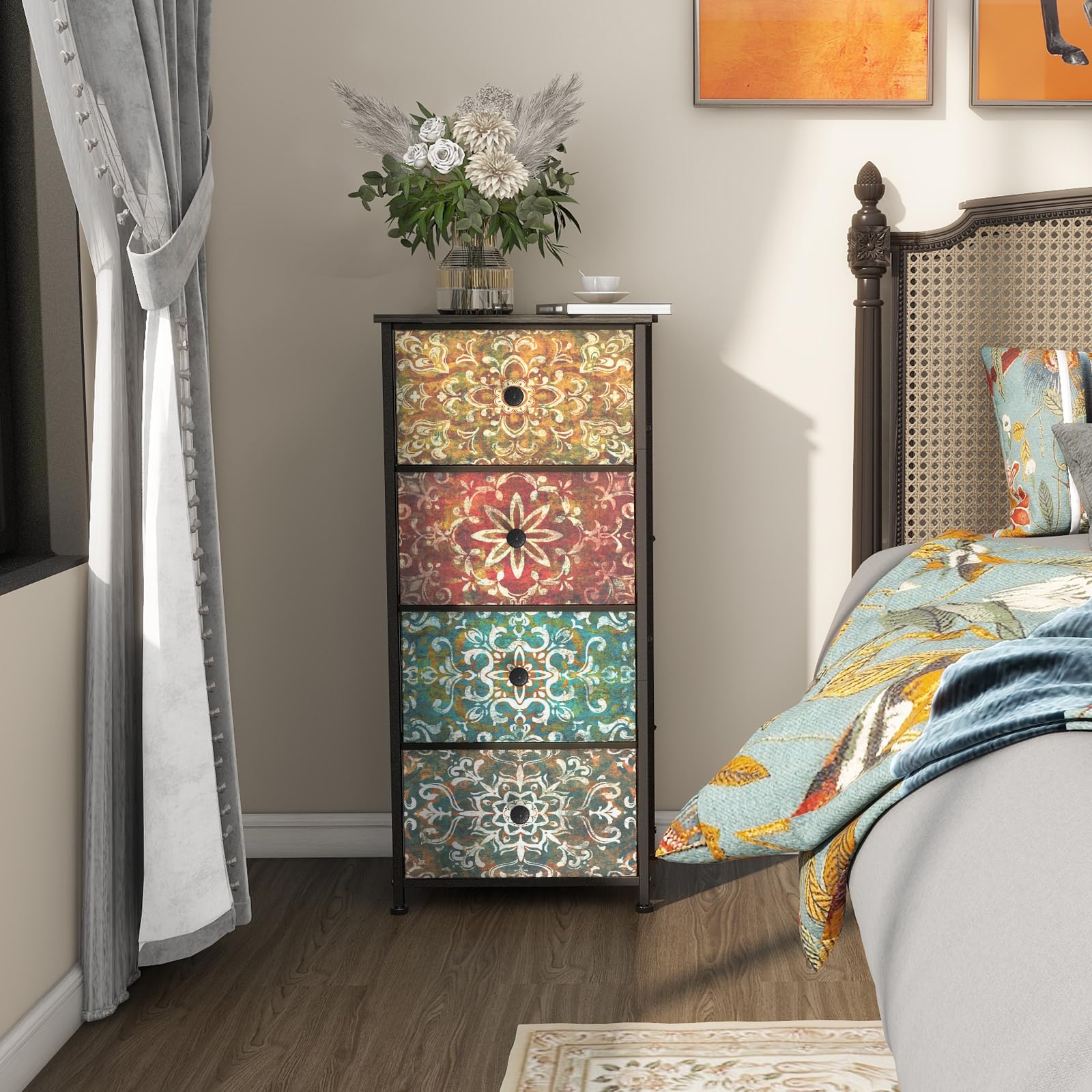 Cómoda con 4 cajones de tela estrecha Armario de tocador bohemio, armario de almacenamiento para dormitorio, armario industrial para salón, habitación infantil, pasillo