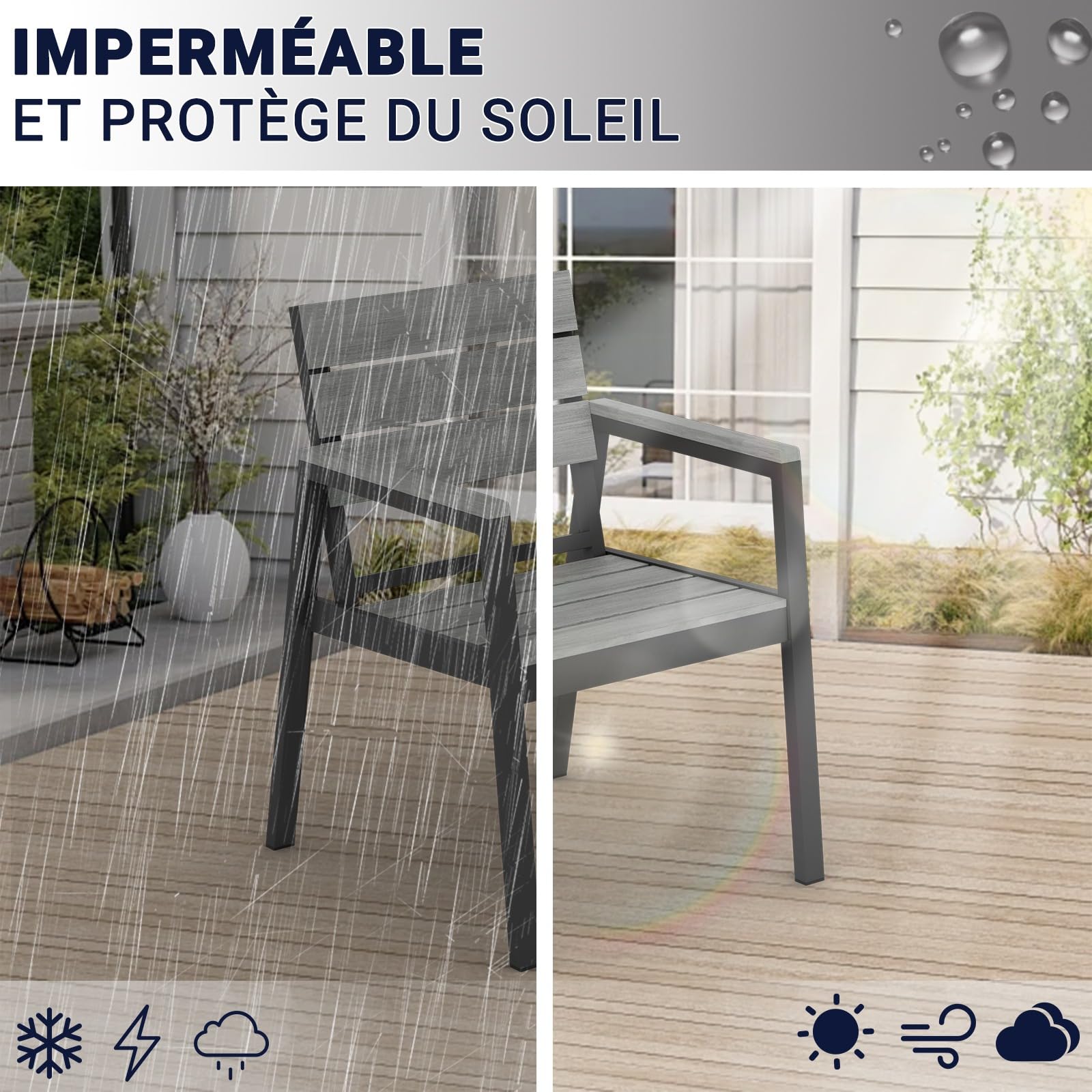 Devoko Chaises de Jardin Lot de 6, HDPS Chaises d'Extérieur en Aluminium Résistantes Imperméables avec Finition à Veine de Bois, Assise de Taille Améliorée Supportant 160 kg, Faciles à Nettoyer, Gris