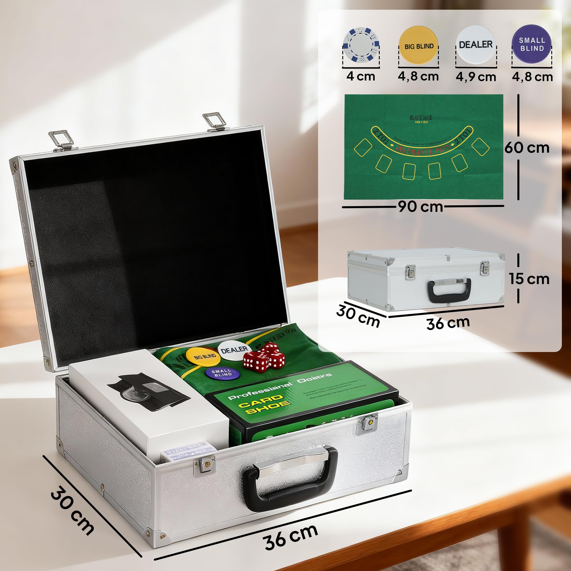 SPORTNOW Pokerkoffer abschließbar Pokerset mit Koffer 300 Chips Karten 5 Würfel Dealer Button Kartendecks, Pokerchips Komplett Set Pokerspiel Kartenspiele Aluminiumkoffer für Texas Hold'em, Blackjack