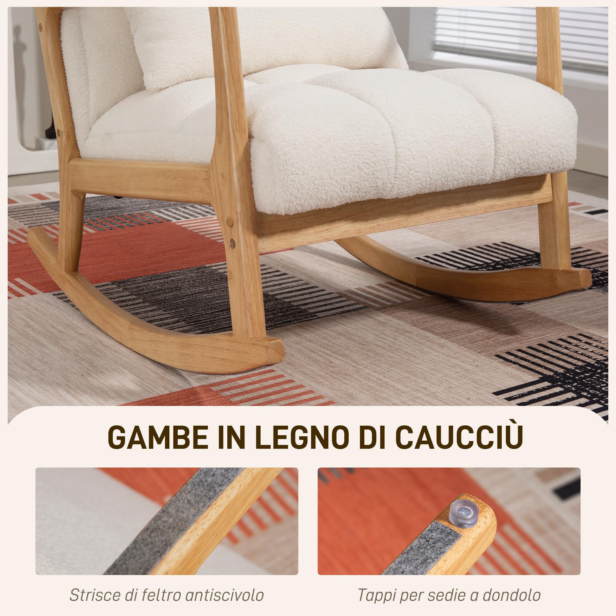 HOMCOM Poltrona a Dondolo 90°-130° con Cuscino Lombare, Poltrona per Salotto in Tessuto Sherpa e Legno, 64.5x82x89 cm, Bianco e color Legno