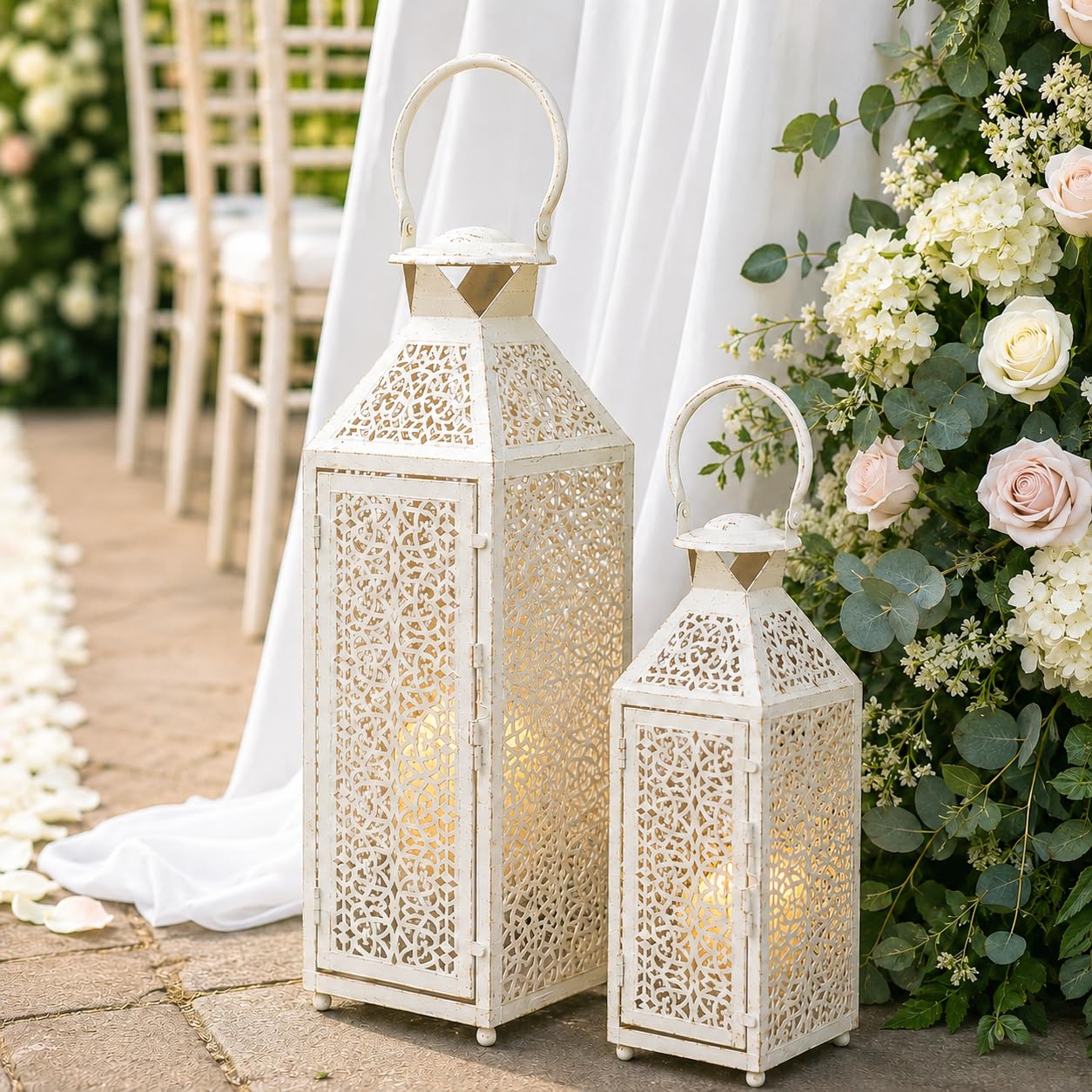 JHY DESIGN Set of 2 Vintage Candle Lanterns 48 cm &36 cm H Moroccan Decorative Metal Candle Holders with Hollow Pattern for Garden Porch Shelf Indoor Outdoor Parties Weddings Patio(White Brushed Gold)