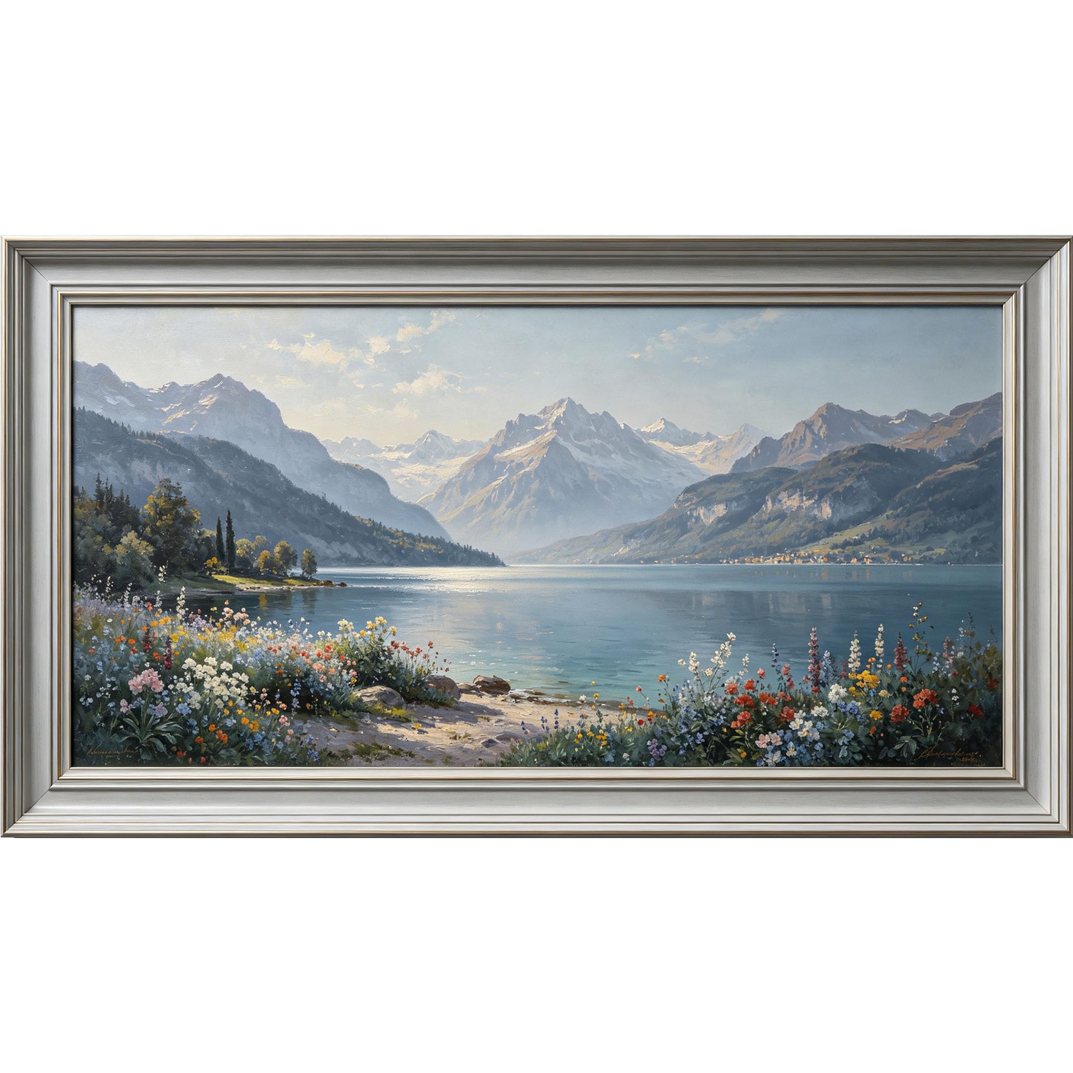 QZLITHOTIC 50×100cm 3D Framed Wall Art， Mountain Lake Landscape with Wildflower Meadow Self?Adhesive Mural， Water?Activated Peel & Stick Fabric Decor Wall Decal for Bedroom Living Room
