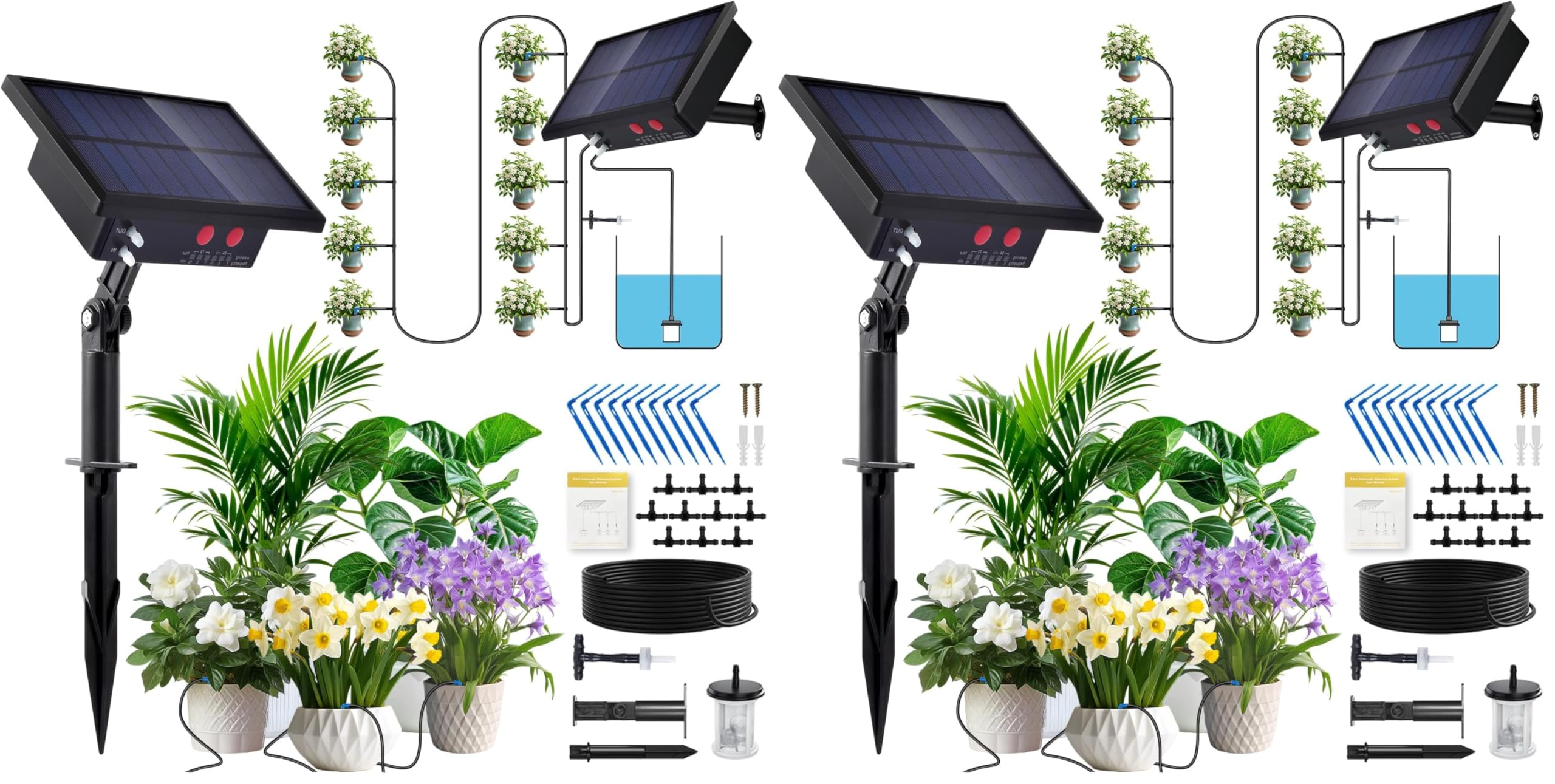 Solar bewässerungssystem, 10M automatische bewässerung hochbeet tröpfchenbewässerung, selbstbewässerungssystem mit Timer im garten, balkon, topfpflanzen, zimmerpflanzen, balkonpflanzen (Packung mit 2)