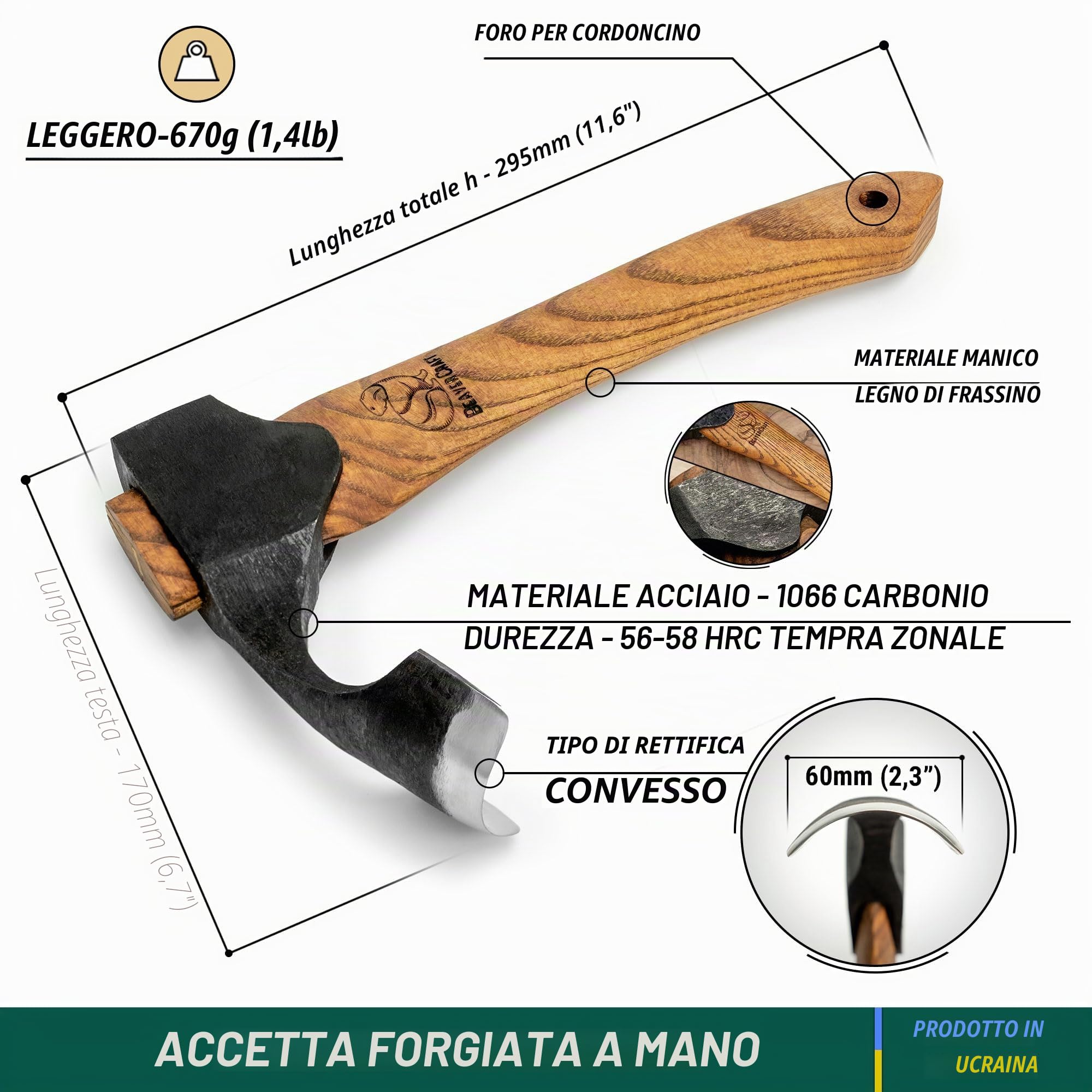BeaverCraft Ascia per Intaglio del Legno con Manico in Legno - Ascia per Intaglio Curvo - Ascia per Lavorazione del Legno per Gocciolatoi - Strumenti per Intaglio del Legno a Mano - Strumenti per