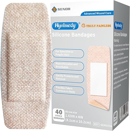Vendajes Adhesivos de Silicona Tamaño Mediano para Piel Sensible y Frágil 1.63"x4" 40 Unidades Tela Flexible Sin Látex Hipoalergénicos Transpirables