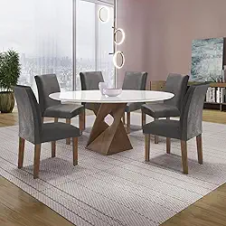 Conjunto Mesa Barcelona 120cmx120cm 6 Cadeiras Espanha Tampo Plus Redondo Vidro Yescasa Chocolate/Off White/Cinza