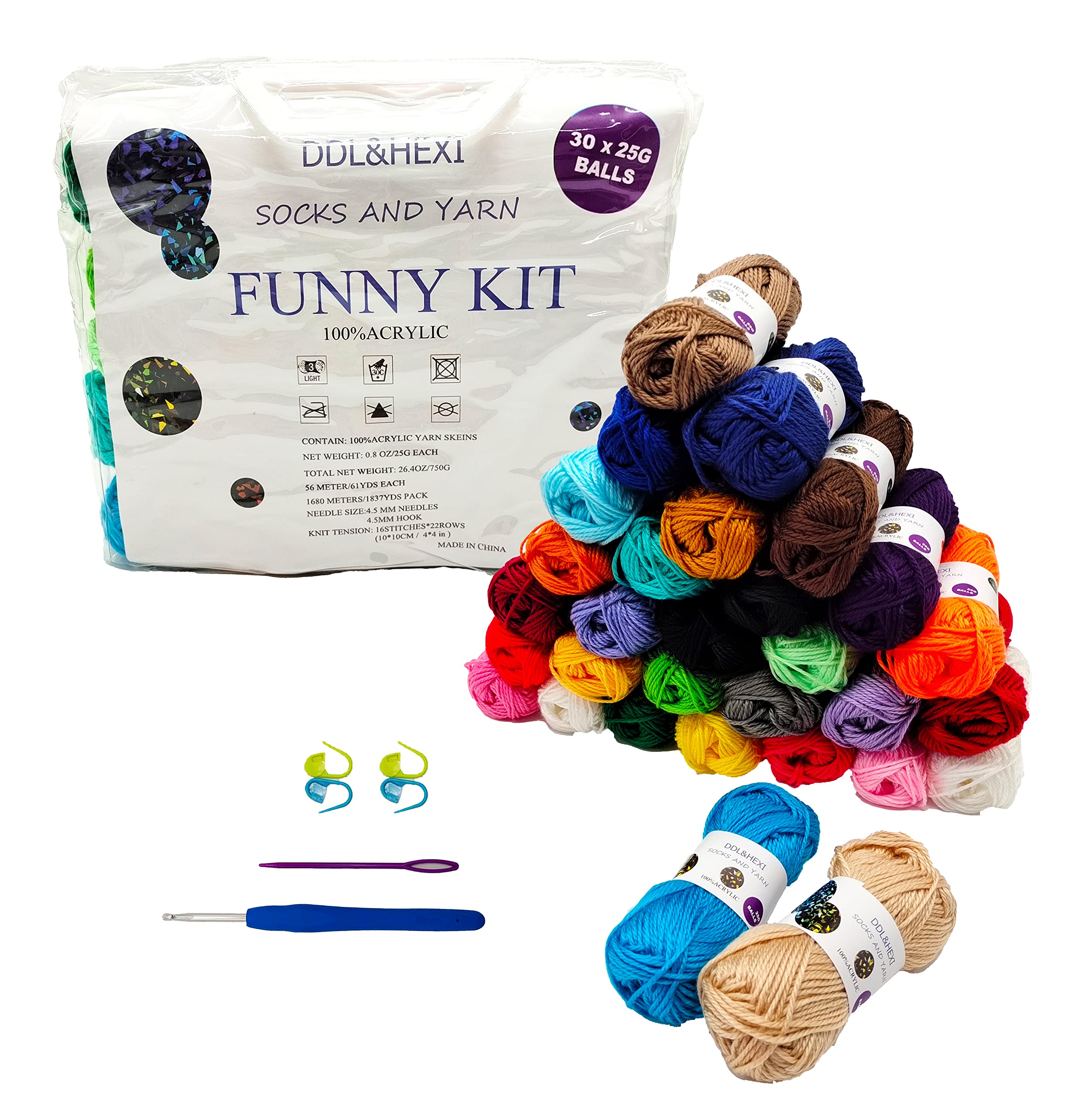 DDL&HEXI30 Acrylic Yarn Skeins,Assorted Colors Crafts DK Yarn(3 Ply ), Crochet and Knitting Kits for Beginner (Assorted-30)