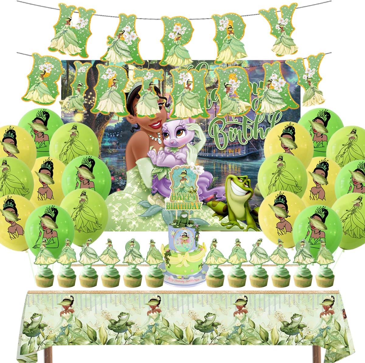 Princess Birthday Party Supplies Set,Including Tablecloth,Banner,Balloons,Cake Toppers,Cupcake Toppers,5x3ft Happy Birthday Backdrop for Princess and Frog Theme Birthday Party Decorations