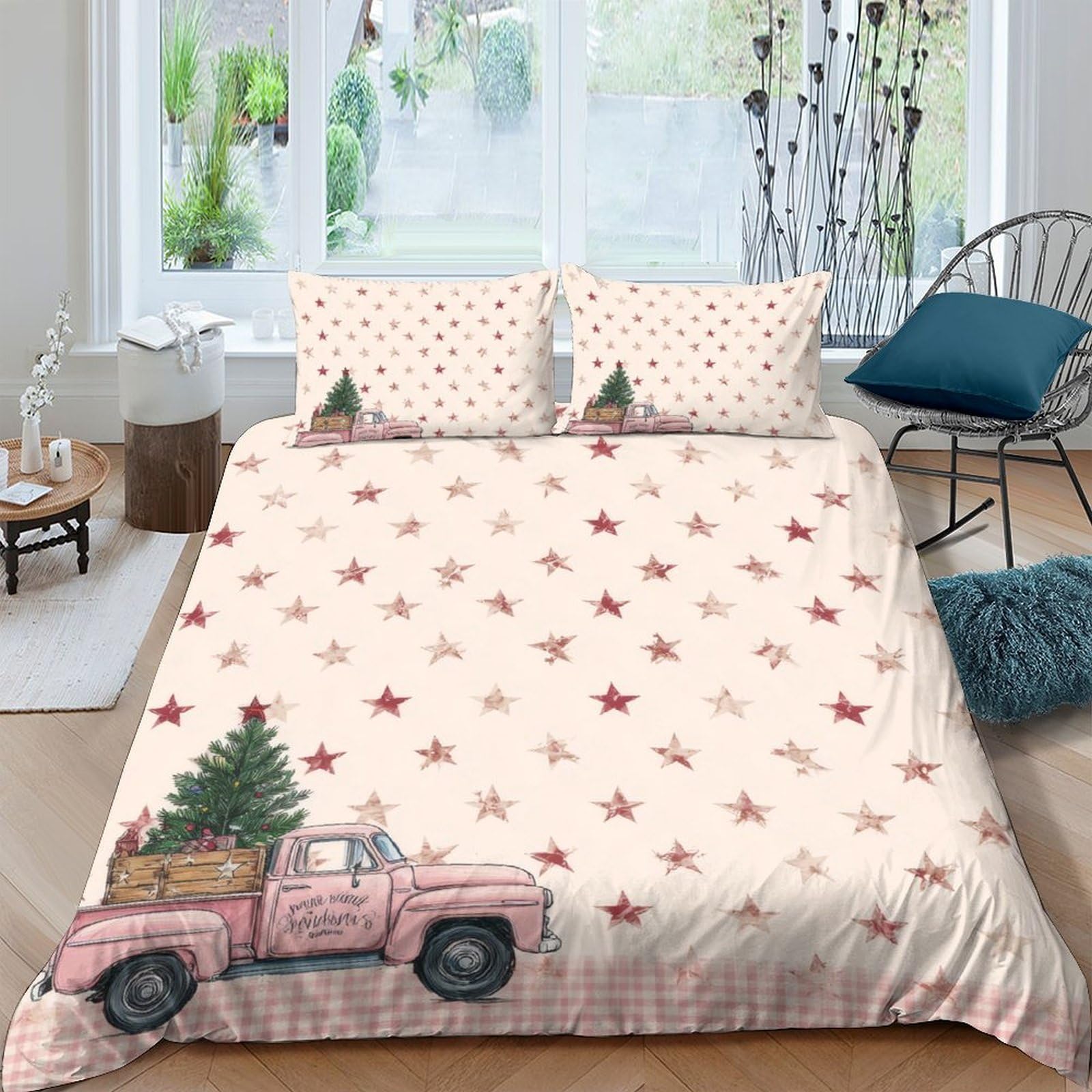 Ctjqhvkz Style-6 3D Printed Christmas Truck Fitted Sheet Microfiber Soft Breathable Pine Tree Bed Cover For Bedroom Guest Room Decor Single（135X200cm）