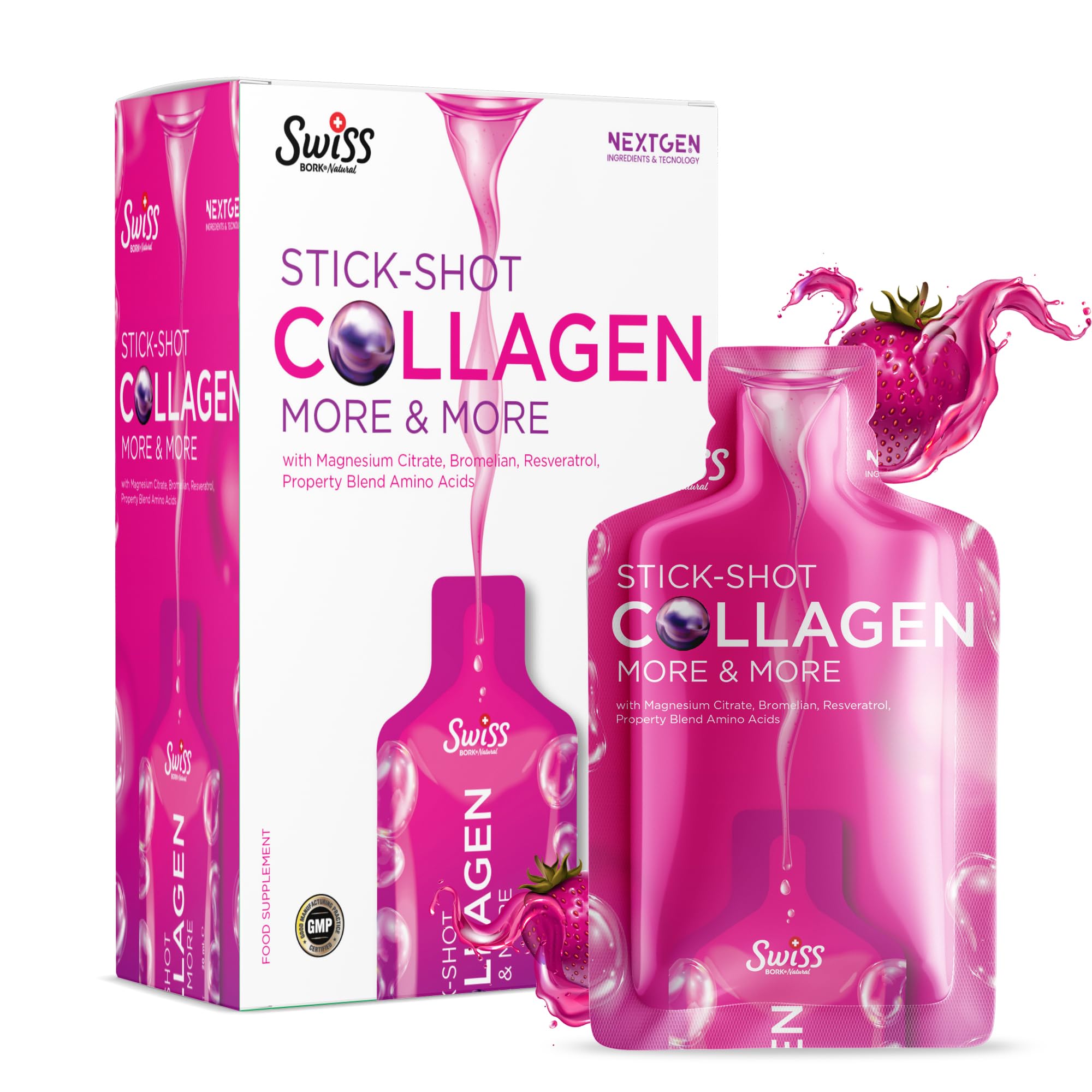 Sugar-Free Liquid Collagen Shots — Collagen 10000mg I, II, III with Magnesium Citrate, Resveratrol, Amino Acids for Skin, Hair, Nails & Joint Health – Strawberry Flavour (15 Days x 20ml)