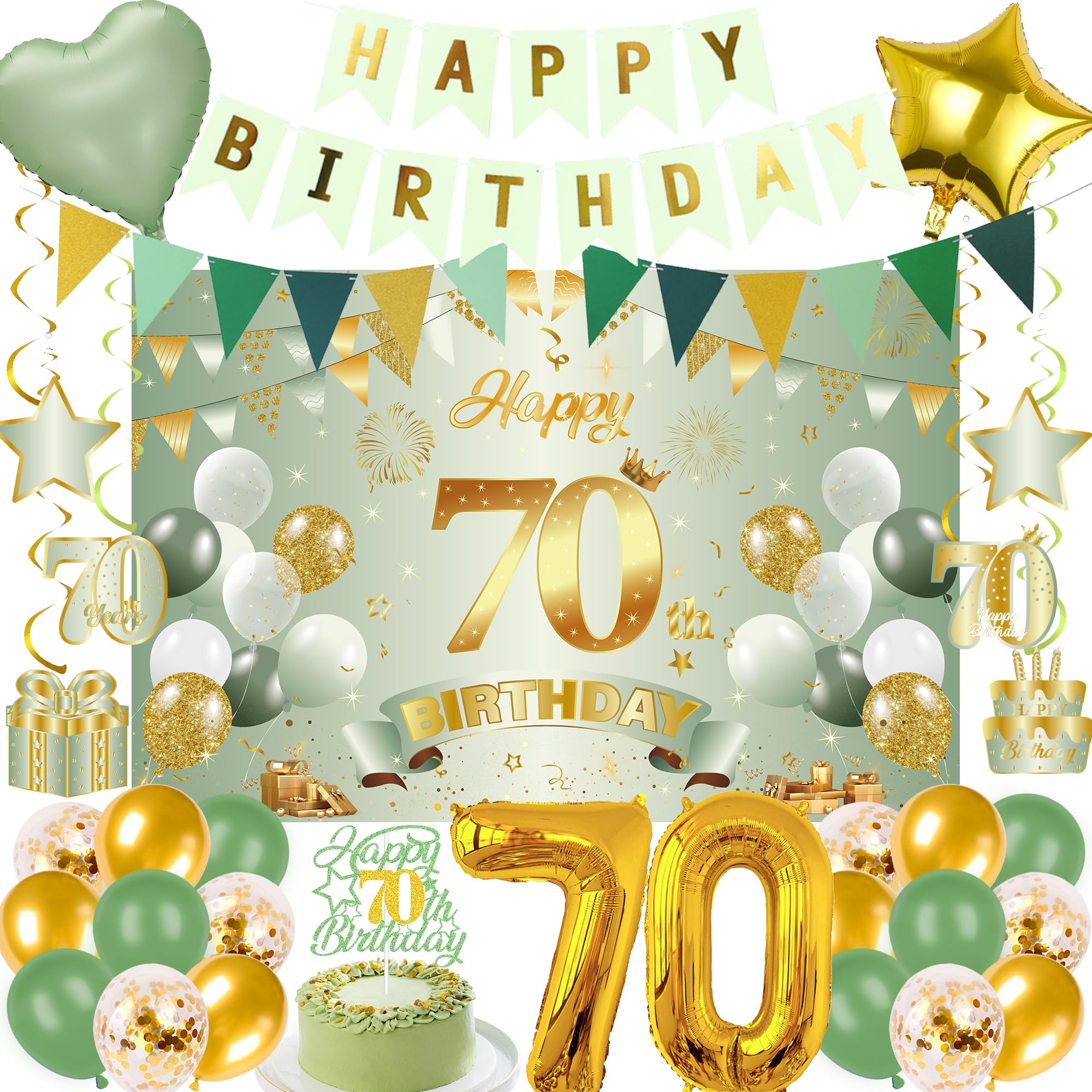 LPPIIUSSU 70th Birthday Decorations Women Men - 32 Pcs Sage Green Gold Banner Pennant Backdrop Hanging Swirls Number Balloons Cake Topper Table Decor For Her Him Cheers To 70 Year Old Party Supplies