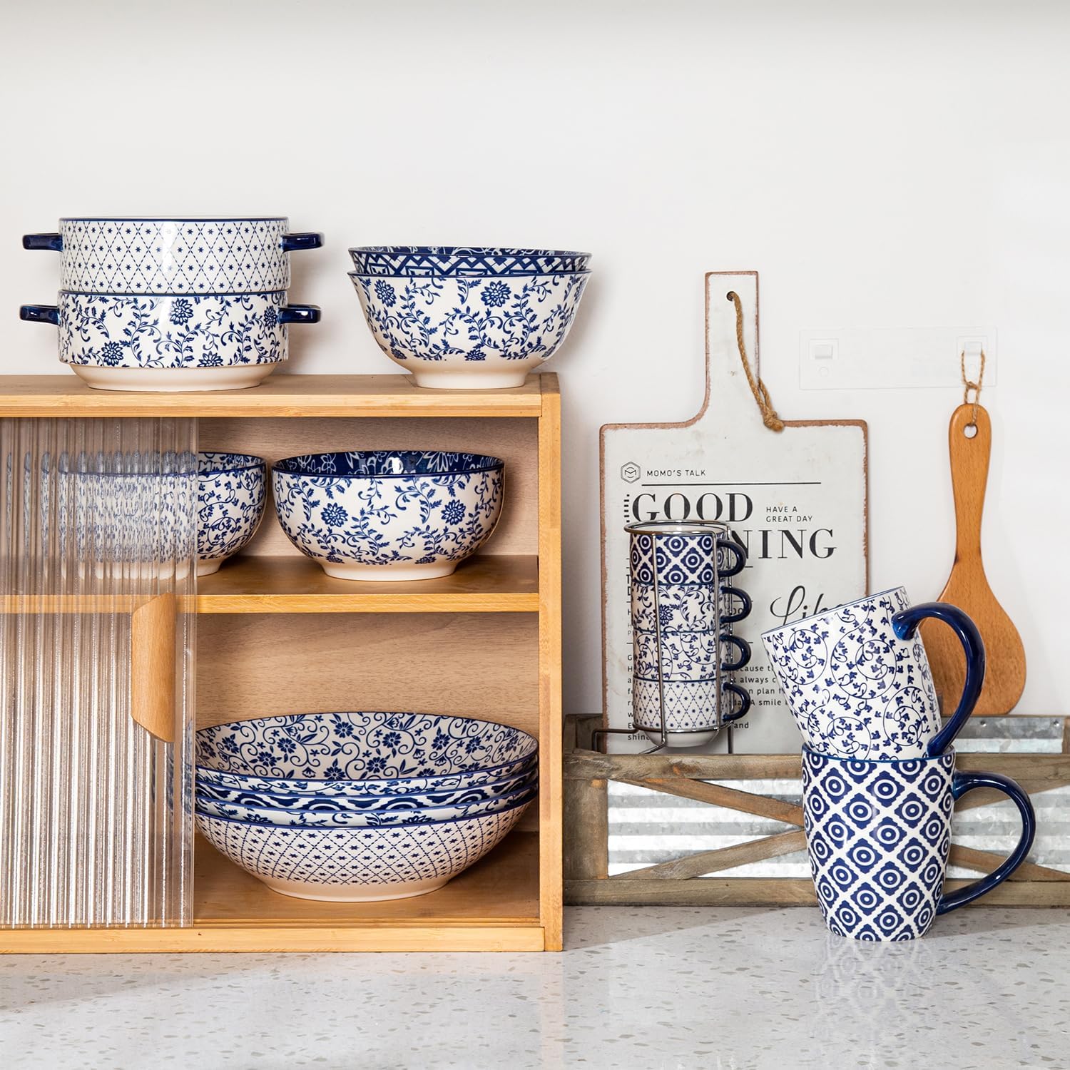 Ceramic Pasta Bowls Set - Large 40 Oz Porcelain Salad & Serving Bowls - 9.3 Inch Wide Bowls for Eating - Housewarming Wedding Gift - Oven & Dishwasher Safe - Set of 4 - Vintage Blue