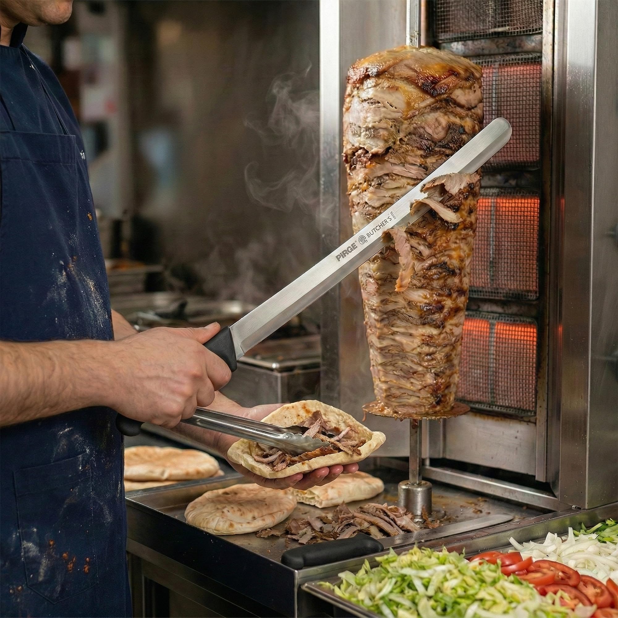 Pirge Couteau à Döner 50cm Noir - Lame Creuse Anti-Adhésive en Acier Inox - Long Couteau de Boucher pour Kebab & Viande - Ergonomique