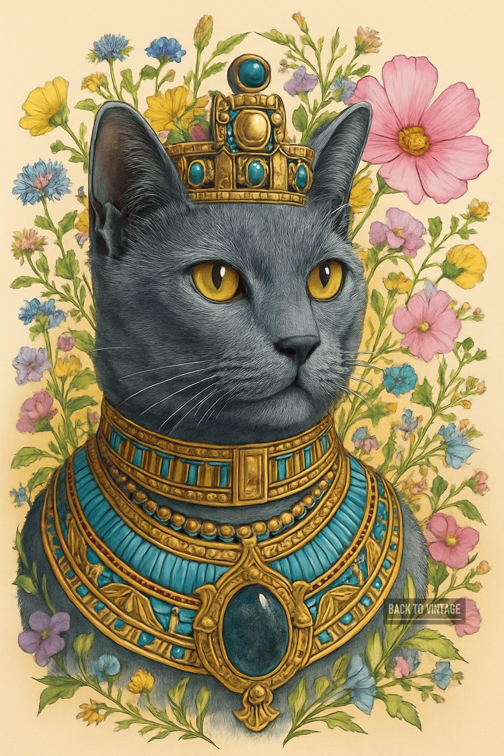 Cat Adorned With Egyptian Jewelry Surrounded - A4 Poster Animal Portrait Art Print Anthropomorphic Wall Art Featuring Pet in Human Outfit Perfect for Home Decor Office or Gallery Display