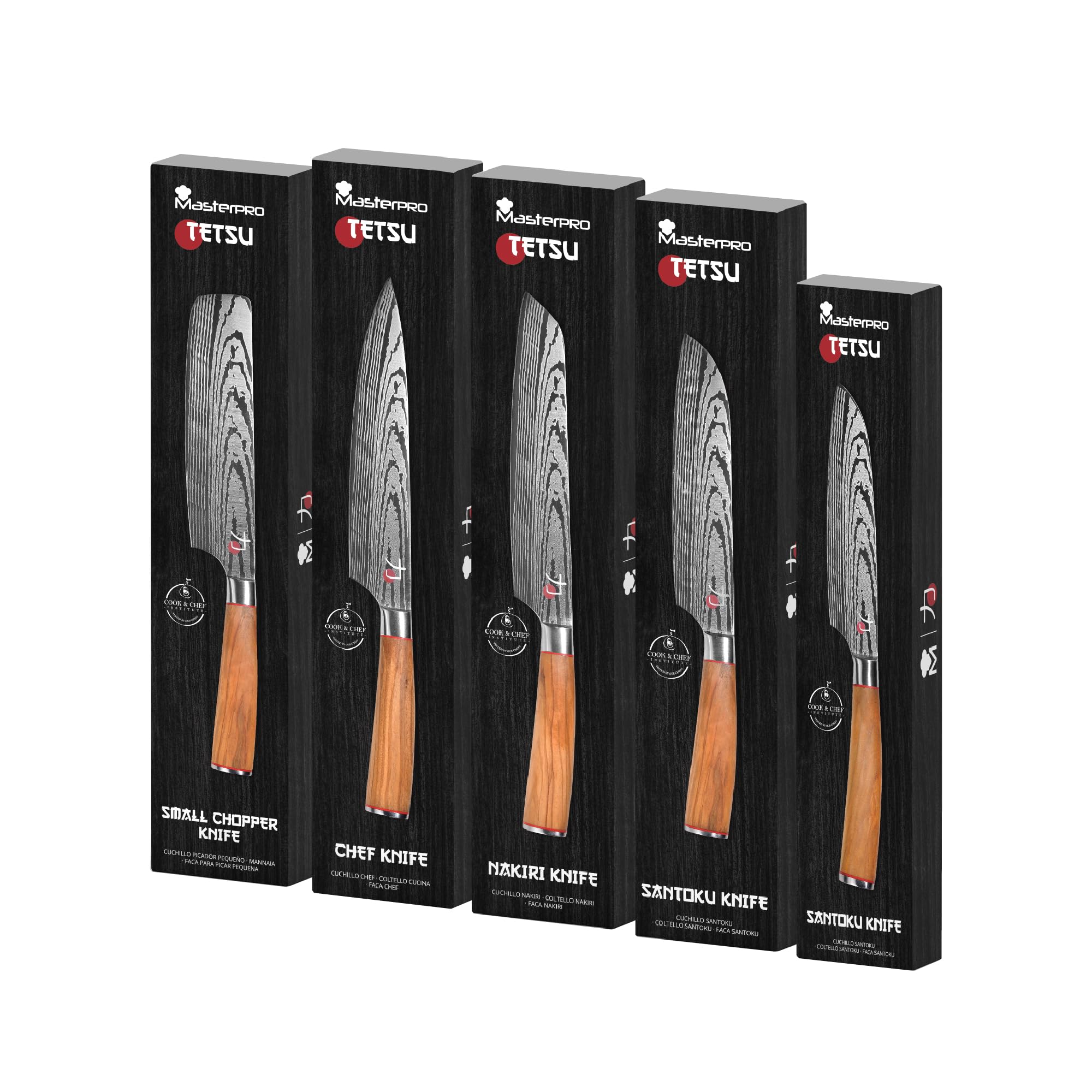 MasterPRO Tetsu | Couteaux de cuisine | Ensemble complet de 5 couteaux japonais | Parfait pour couper tous les types d'aliments | Cuisine Professionnelle | Manche en Bois d'Olivier