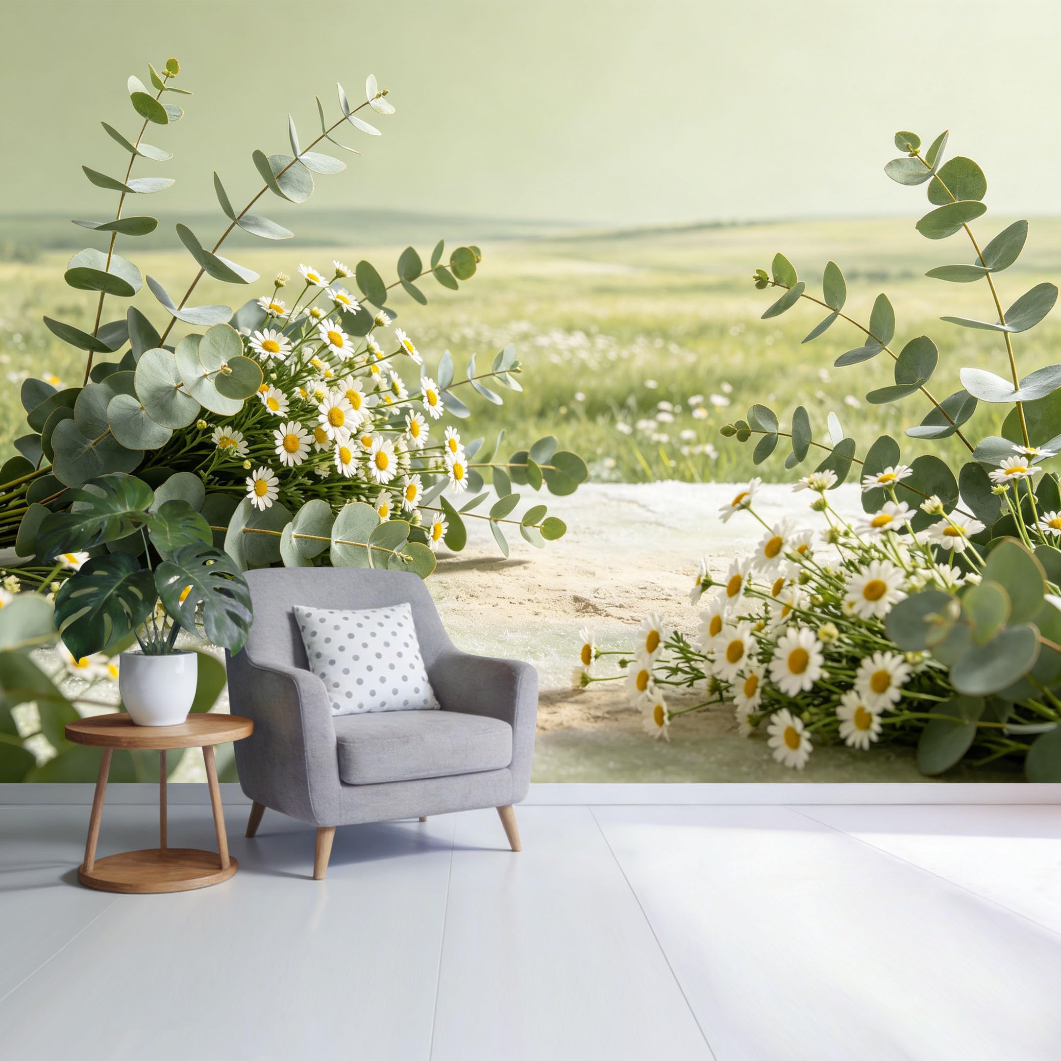 Custom Size Wall Mural Botanical Eucalyptus and Daisy Field Landscape SelfAdhesive Wall Fabric Removable Wallpaper for Home Office Decor