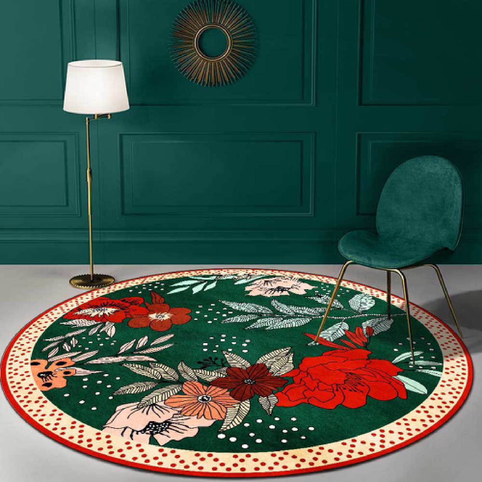 Tappeto da ingresso interno Pelo Corto, Grande fiore rosso, foglie verdi della nonna, Tappeti Moderni Per Soggiorno Camera Da Letto Cucina Salotto, ø 120 cm
